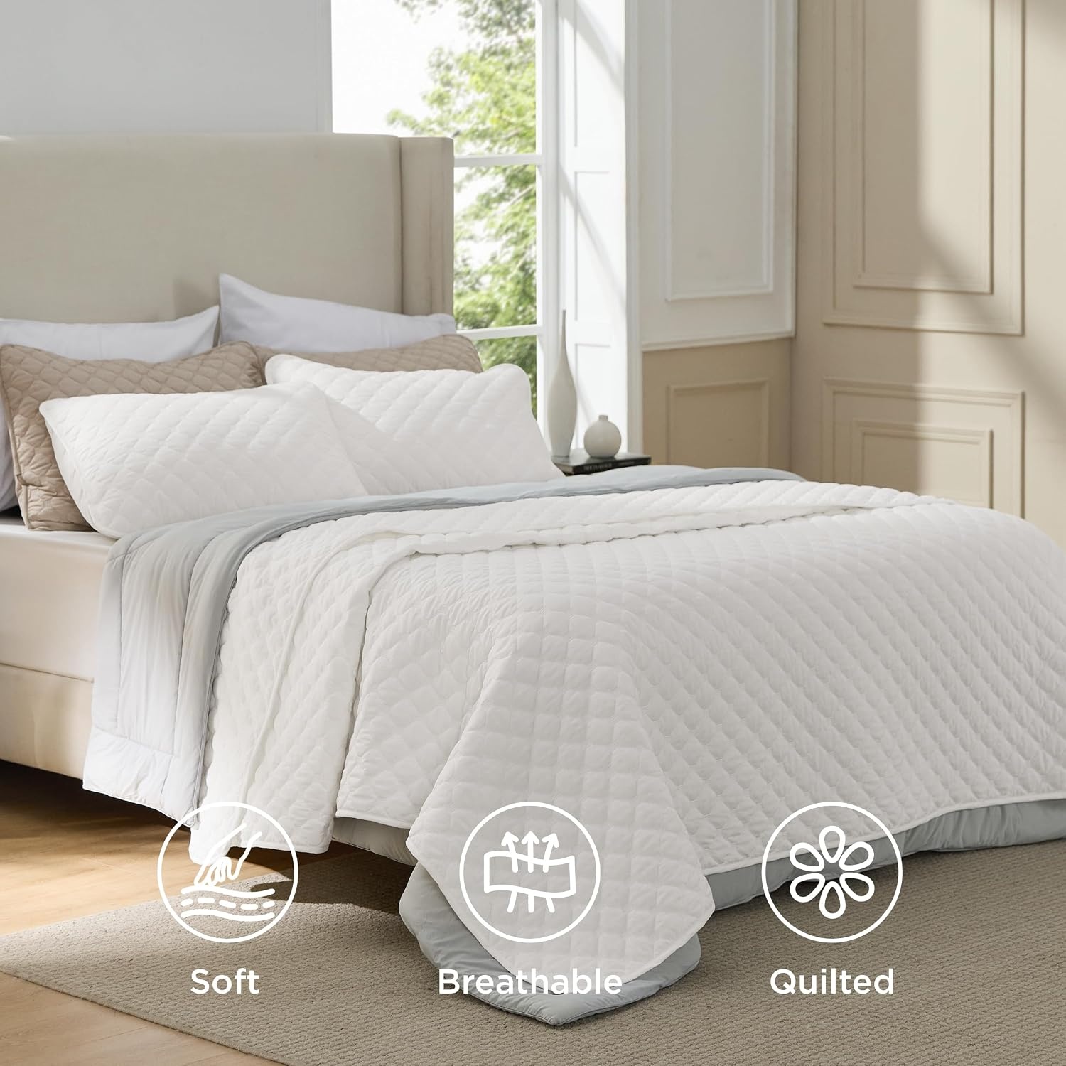 image:imageBedsure Queen Size Quilt Lightweight Comforter Set Mineral Blue Bedspread Coverlet Basket Weave AllSeason Comfort SkinFriendly Soft Breathable Machine Washable 90x96 3 Pcs 2 Pillow Shams03 Coconut White Honeycomb