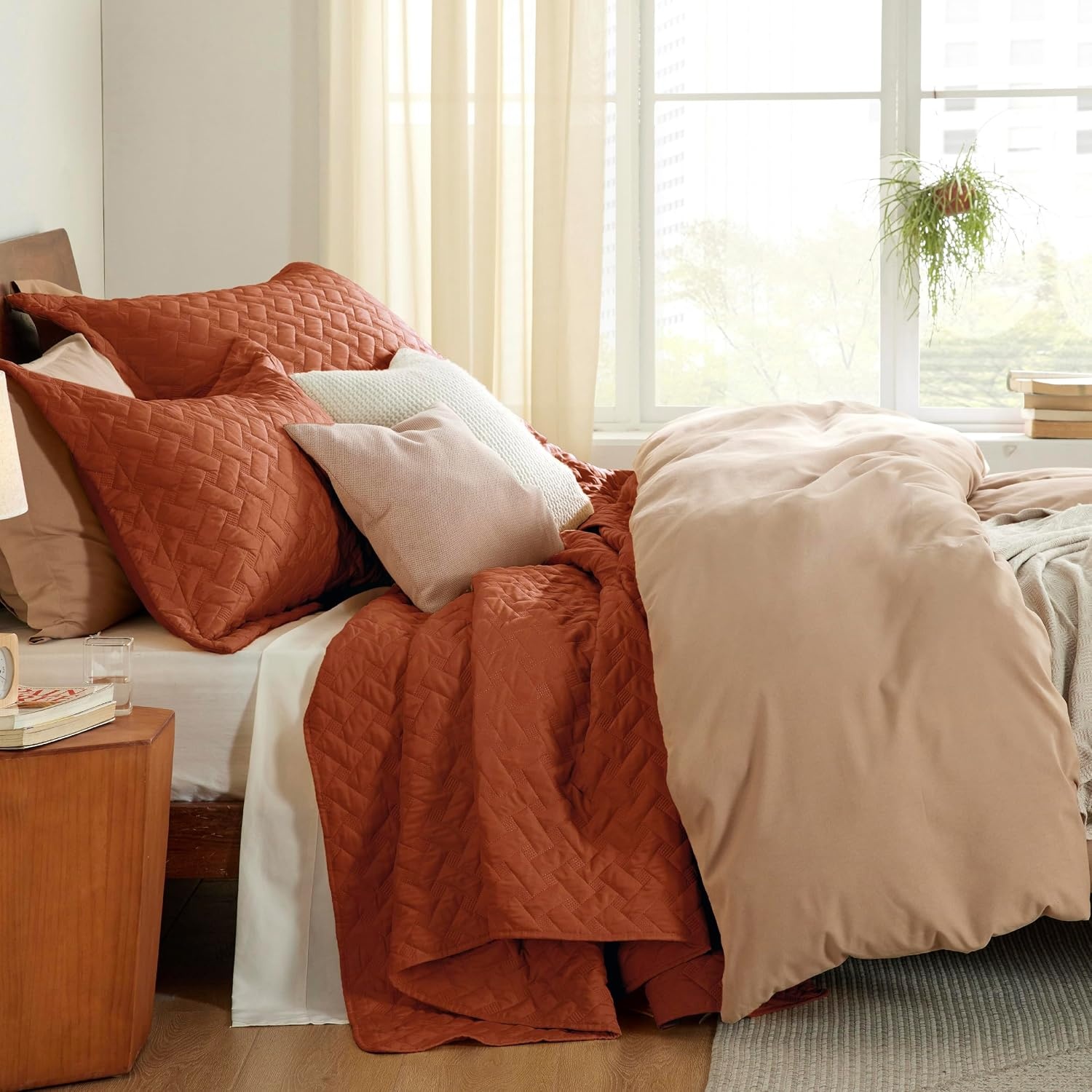 image:imageBedsure Queen Size Quilt Lightweight Comforter Set Mineral Blue Bedspread Coverlet Basket Weave AllSeason Comfort SkinFriendly Soft Breathable Machine Washable 90x96 3 Pcs 2 Pillow Shams18 Red Orange