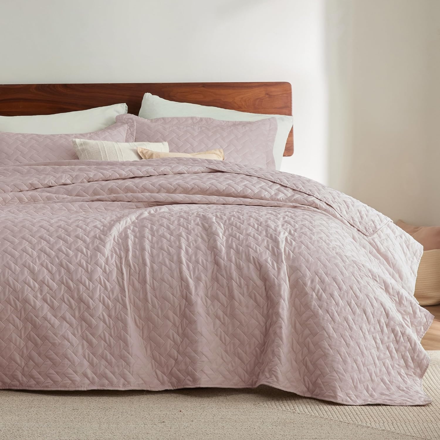 image:imageBedsure Queen Size Quilt Lightweight Comforter Set Mineral Blue Bedspread Coverlet Basket Weave AllSeason Comfort SkinFriendly Soft Breathable Machine Washable 90x96 3 Pcs 2 Pillow Shams23 Dusty Rose
