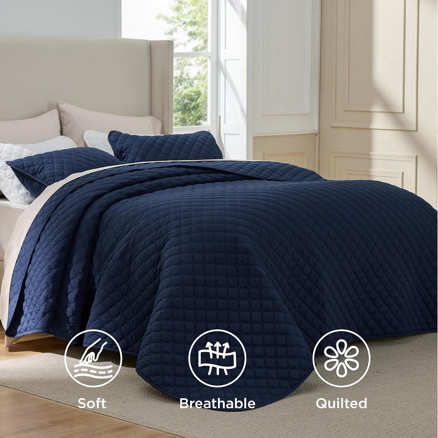 image:imageBedsure Queen Size Quilt Lightweight Comforter Set Mineral Blue Bedspread Coverlet Basket Weave AllSeason Comfort SkinFriendly Soft Breathable Machine Washable 90x96 3 Pcs 2 Pillow Shams05 Navy Honeycomb