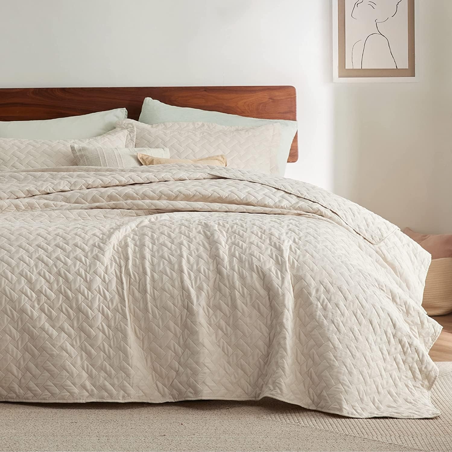 image:imageBedsure Queen Size Quilt Lightweight Comforter Set Mineral Blue Bedspread Coverlet Basket Weave AllSeason Comfort SkinFriendly Soft Breathable Machine Washable 90x96 3 Pcs 2 Pillow Shams16 Beige