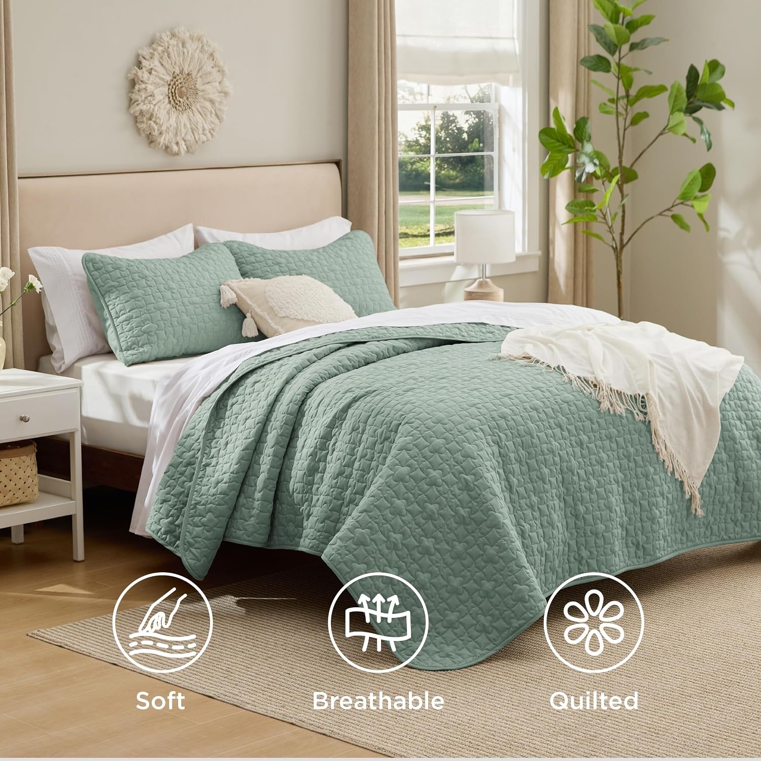image:imageBedsure Queen Size Quilt Lightweight Comforter Set Mineral Blue Bedspread Coverlet Basket Weave AllSeason Comfort SkinFriendly Soft Breathable Machine Washable 90x96 3 Pcs 2 Pillow Shams09 Sage Green Lucky Star