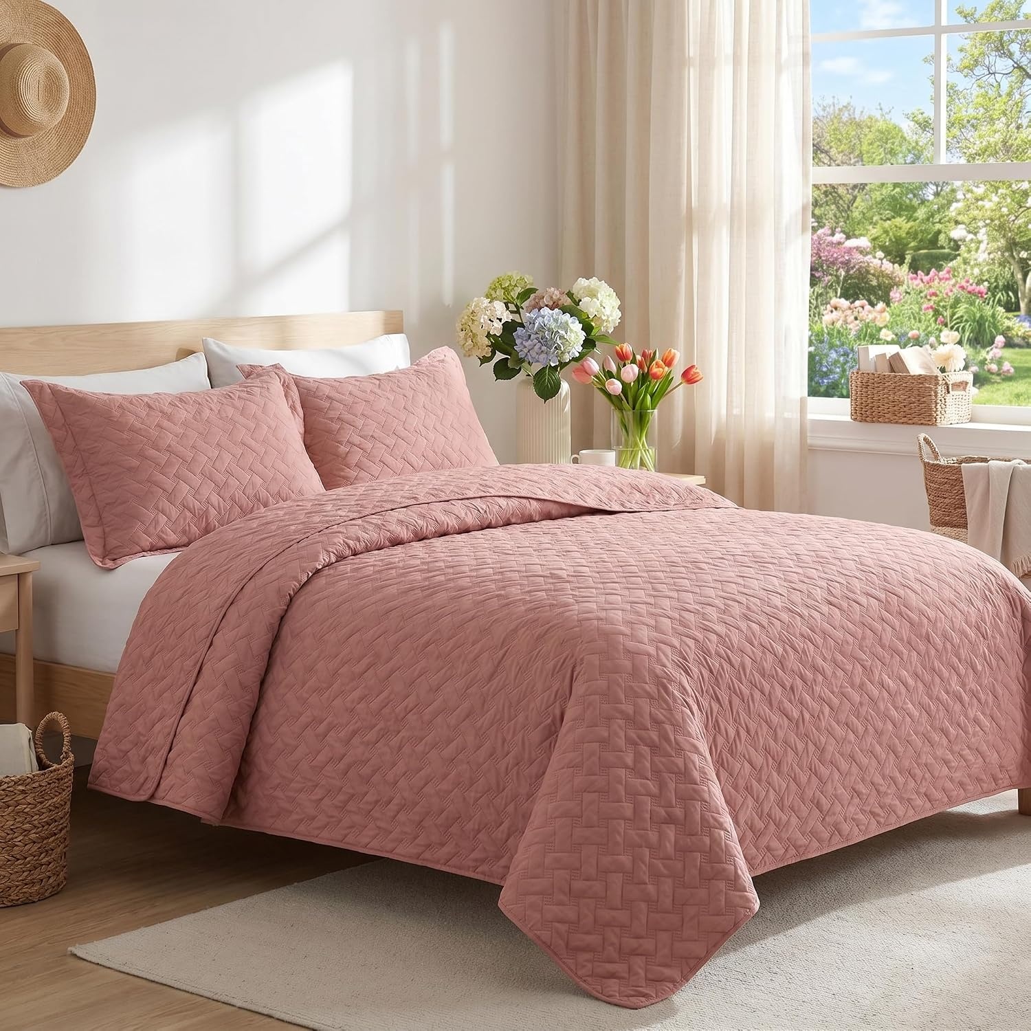 image:imageBedsure Queen Size Quilt Lightweight Comforter Set Mineral Blue Bedspread Coverlet Basket Weave AllSeason Comfort SkinFriendly Soft Breathable Machine Washable 90x96 3 Pcs 2 Pillow Shams24 Grayish Pink
