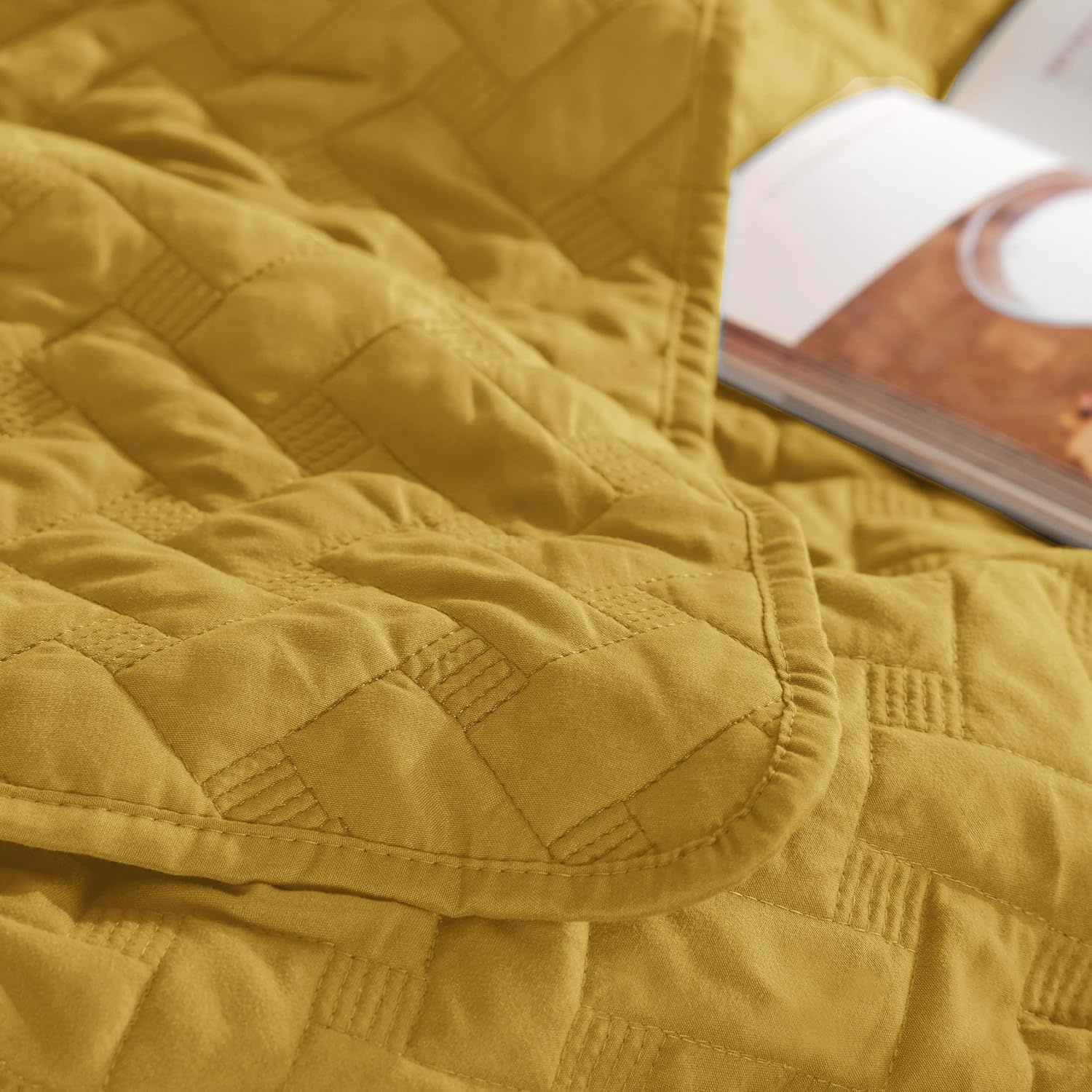 image:imageBedsure Queen Size Quilt Lightweight Comforter Set Mineral Blue Bedspread Coverlet Basket Weave AllSeason Comfort SkinFriendly Soft Breathable Machine Washable 90x96 3 Pcs 2 Pillow Shams26 Mustard Yellow