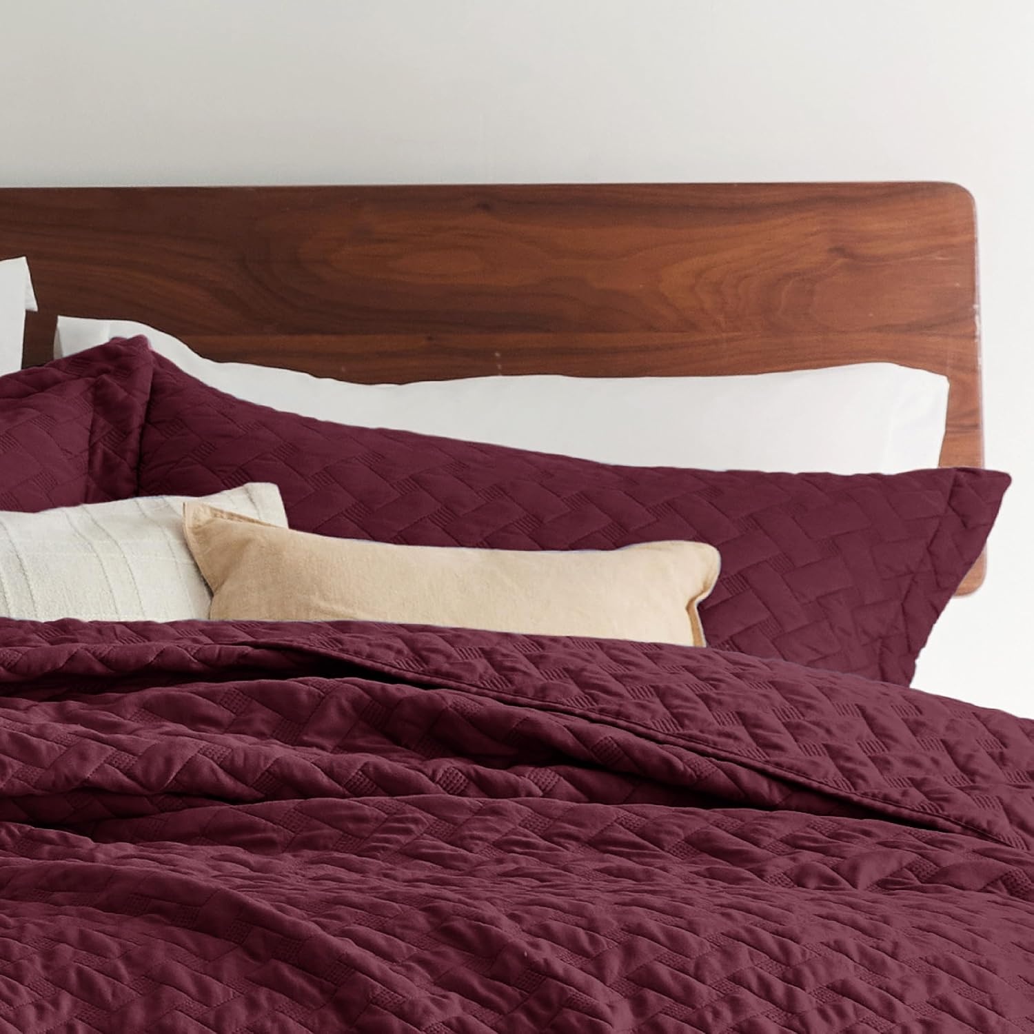 image:imageBedsure Queen Size Quilt Lightweight Comforter Set Mineral Blue Bedspread Coverlet Basket Weave AllSeason Comfort SkinFriendly Soft Breathable Machine Washable 90x96 3 Pcs 2 Pillow Shams30 Burgundy