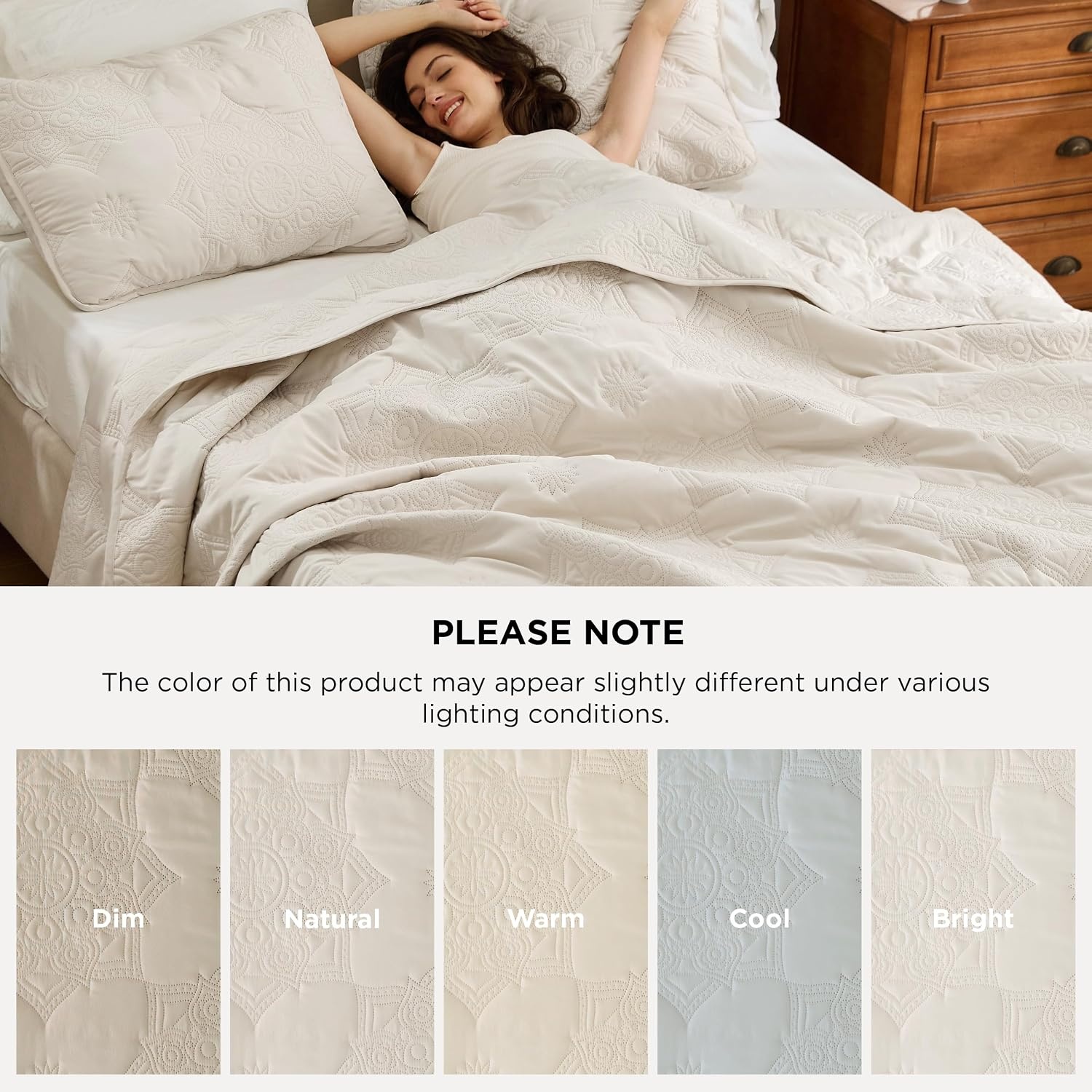 image:imageBedsure Quilts Queen Size Bedspread Thin Comforter Charcoal Coverlet AllSeason Bedding Soft Modern Clover Pattern StitchFree QuiltTech PetFriendly Machine Washable 90x96in 3 Pcs15 Beige Floral