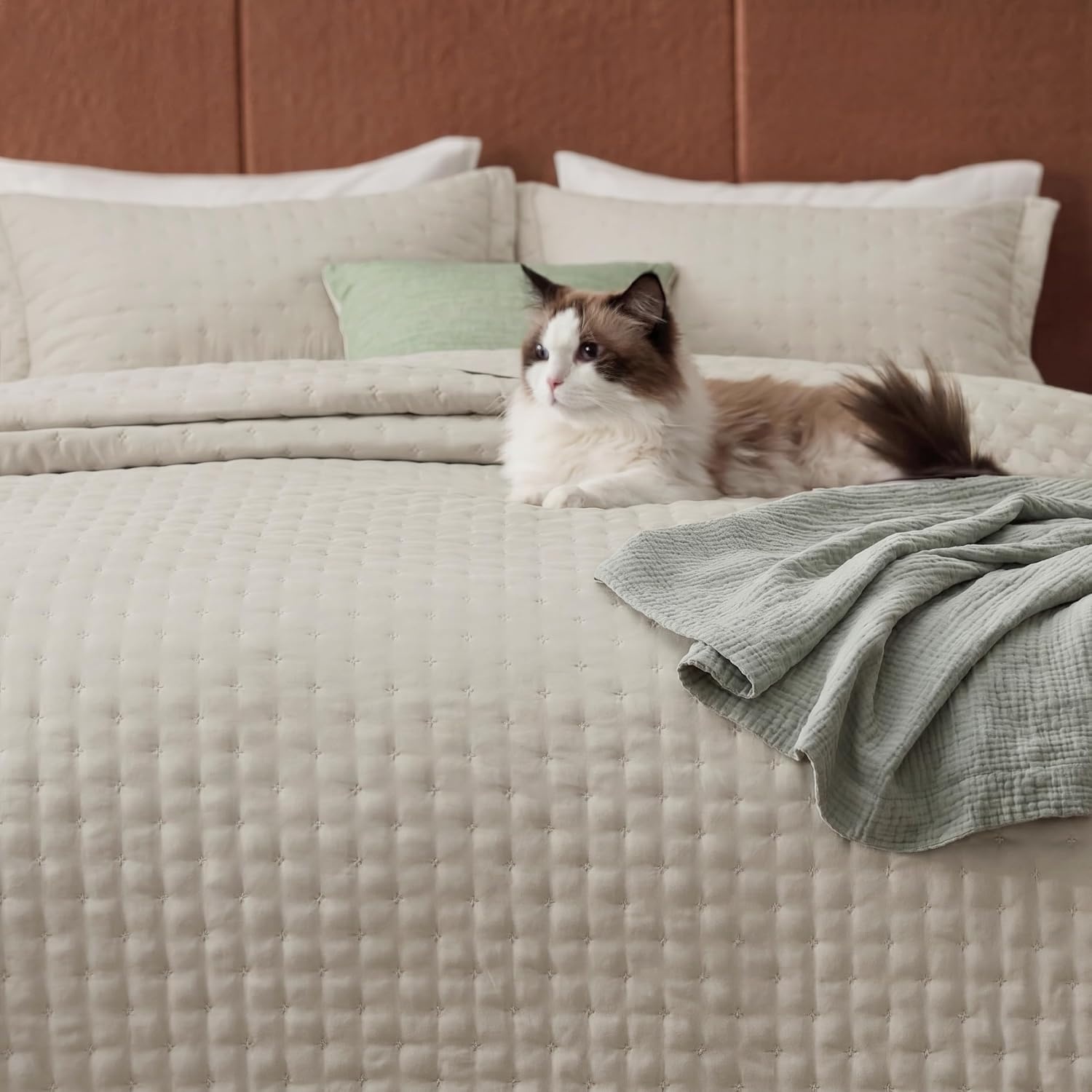image:imageBedsure Quilts Queen Size Bedspread Thin Comforter Charcoal Coverlet AllSeason Bedding Soft Modern Clover Pattern StitchFree QuiltTech PetFriendly Machine Washable 90x96in 3 Pcs13 Oatmeal Clover