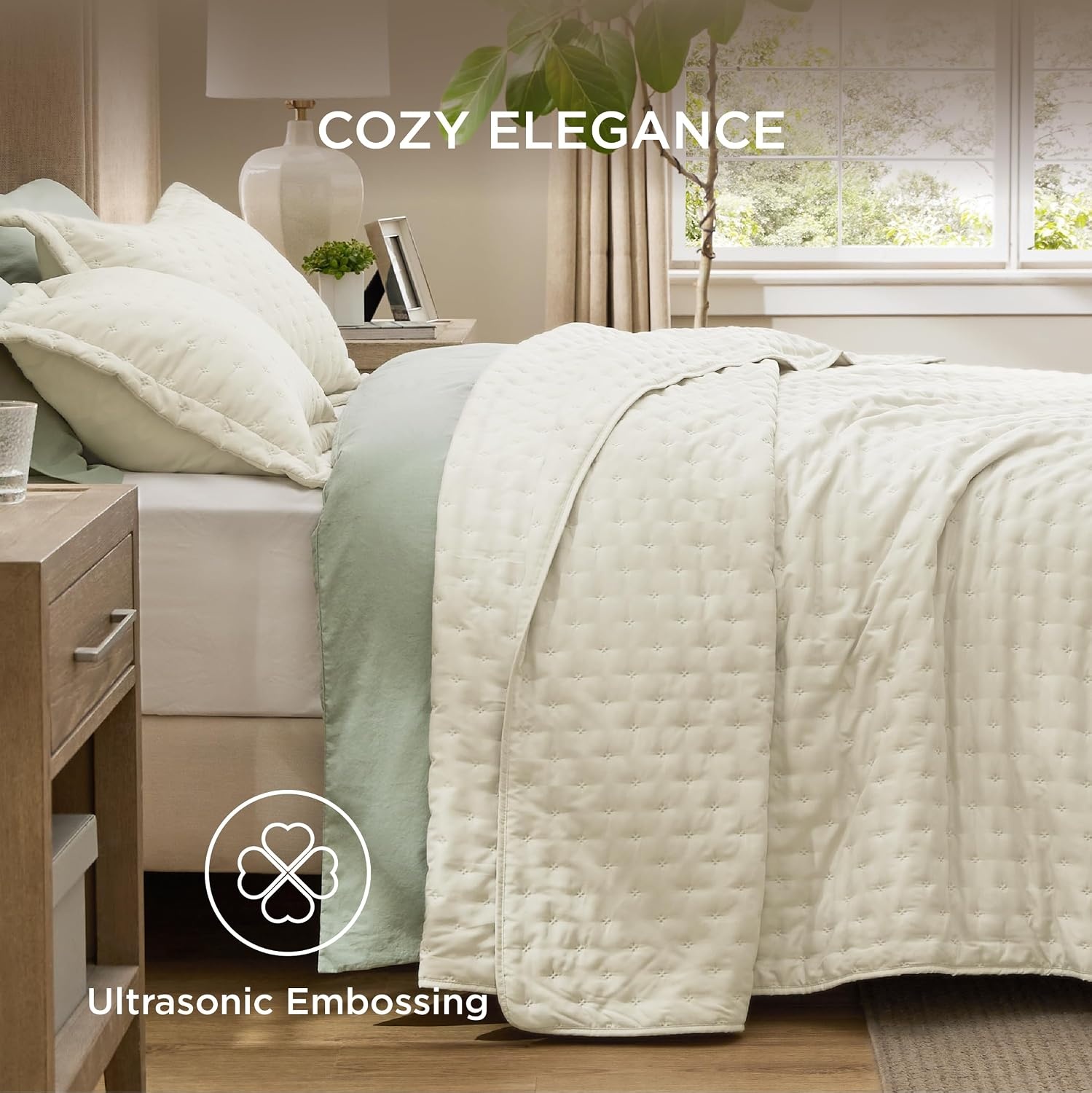 image:imageBedsure Quilts Queen Size Bedspread Thin Comforter Charcoal Coverlet AllSeason Bedding Soft Modern Clover Pattern StitchFree QuiltTech PetFriendly Machine Washable 90x96in 3 Pcs11 Cream Clover