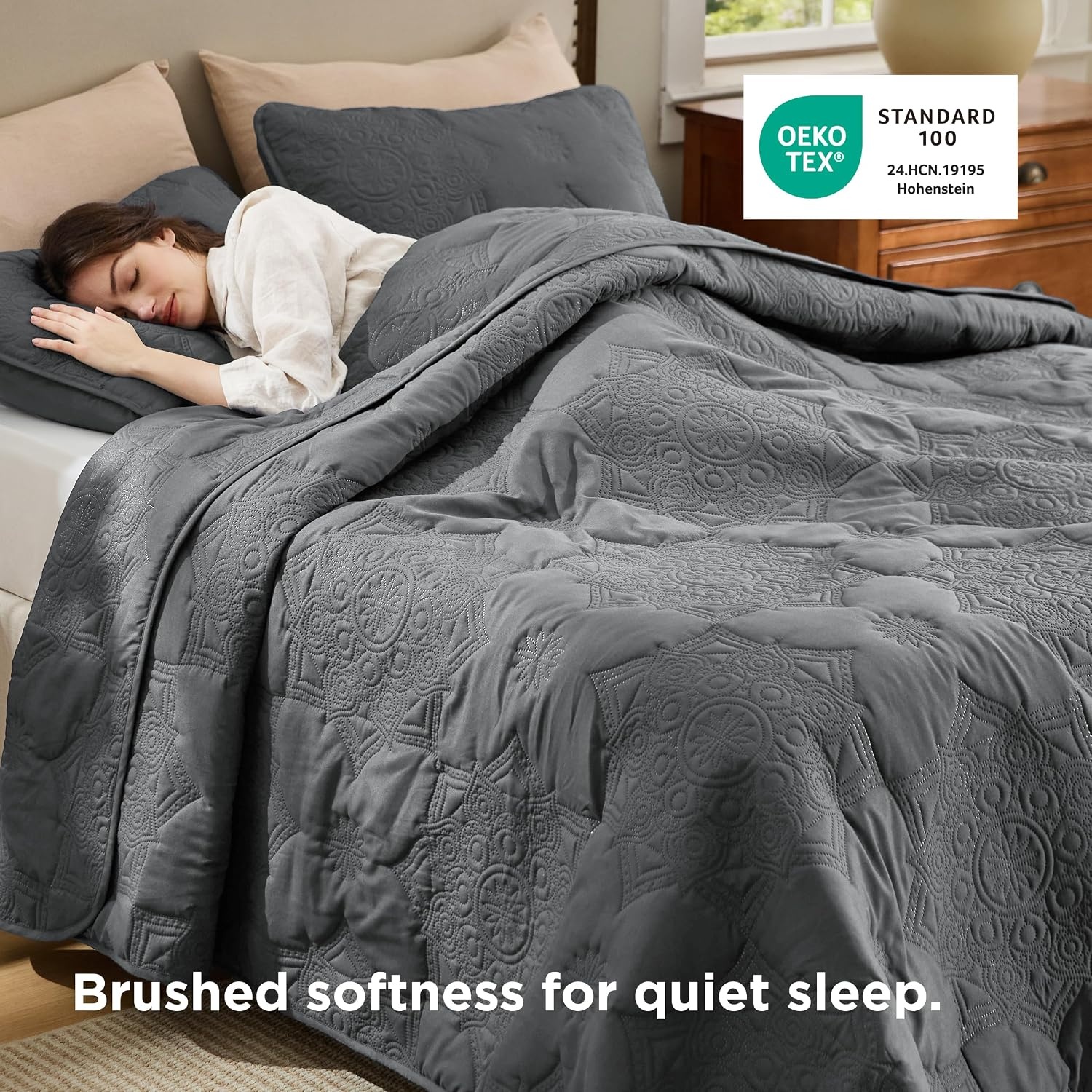 image:imageBedsure Quilts Queen Size Bedspread Thin Comforter Charcoal Coverlet AllSeason Bedding Soft Modern Clover Pattern StitchFree QuiltTech PetFriendly Machine Washable 90x96in 3 Pcs20 Drak Grey Floral