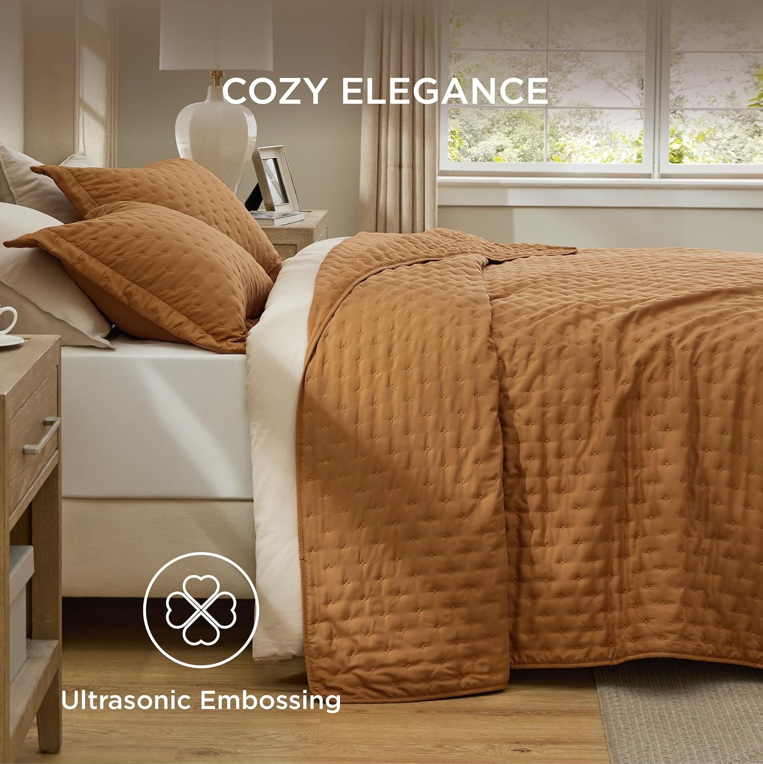 image:imageBedsure Quilts Queen Size Bedspread Thin Comforter Charcoal Coverlet AllSeason Bedding Soft Modern Clover Pattern StitchFree QuiltTech PetFriendly Machine Washable 90x96in 3 Pcs12 Honey Caramel Clover