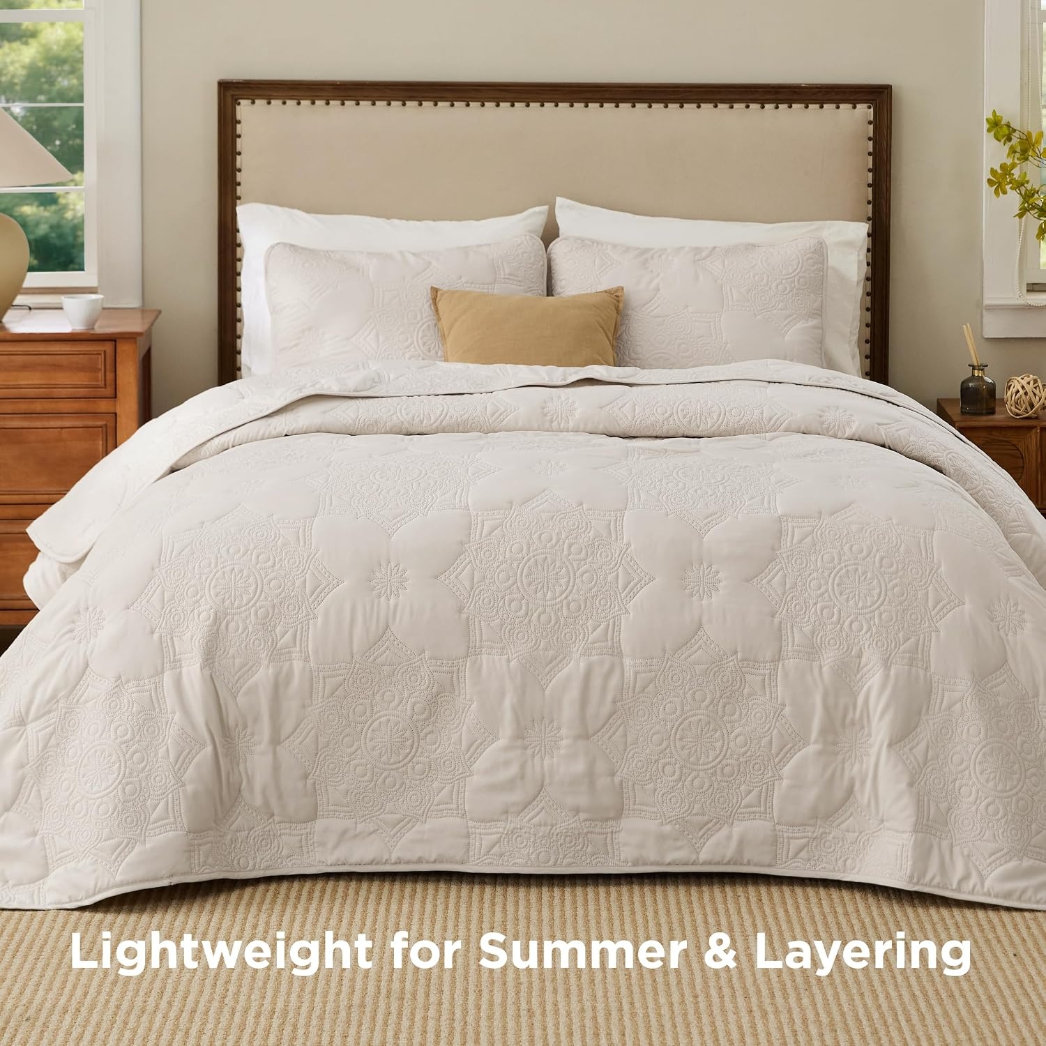 image:imageBedsure Quilts Queen Size Bedspread Thin Comforter Charcoal Coverlet AllSeason Bedding Soft Modern Clover Pattern StitchFree QuiltTech PetFriendly Machine Washable 90x96in 3 Pcs15 Beige Floral
