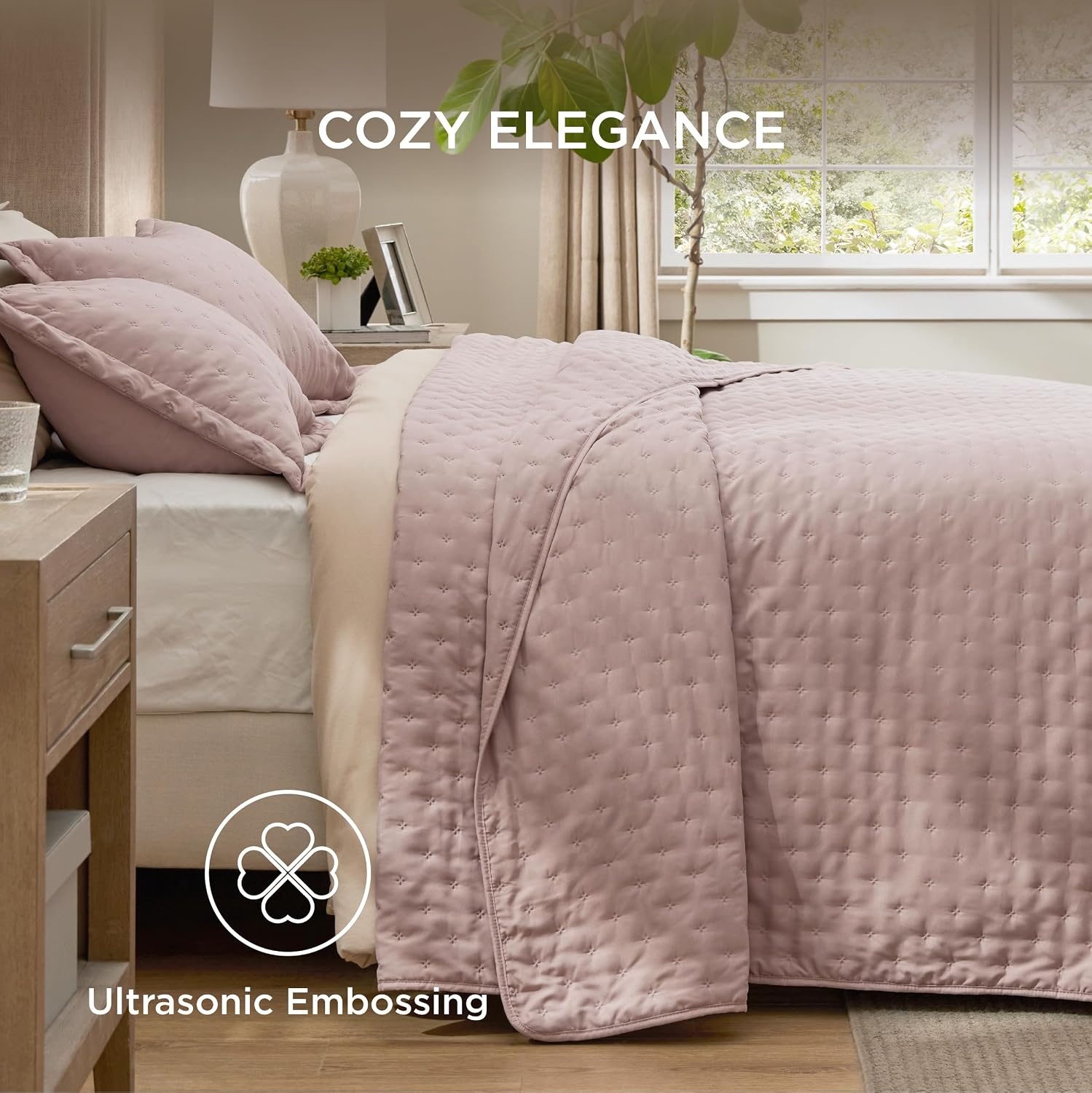 image:imageBedsure Quilts Queen Size Bedspread Thin Comforter Charcoal Coverlet AllSeason Bedding Soft Modern Clover Pattern StitchFree QuiltTech PetFriendly Machine Washable 90x96in 3 Pcs16 Dusty Rose Clover