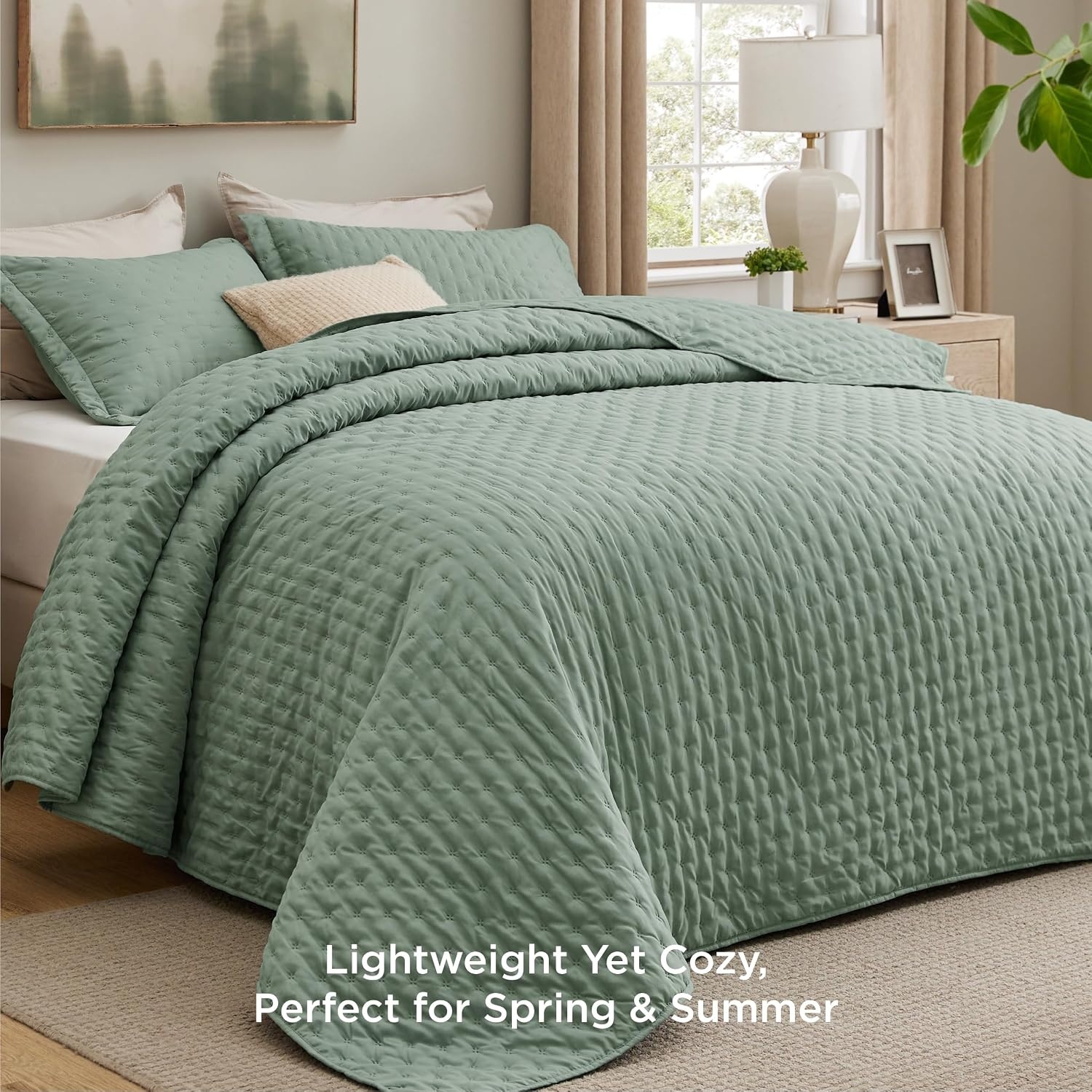 image:imageBedsure Quilts Queen Size Bedspread Thin Comforter Charcoal Coverlet AllSeason Bedding Soft Modern Clover Pattern StitchFree QuiltTech PetFriendly Machine Washable 90x96in 3 Pcs08 Sage Green Clover
