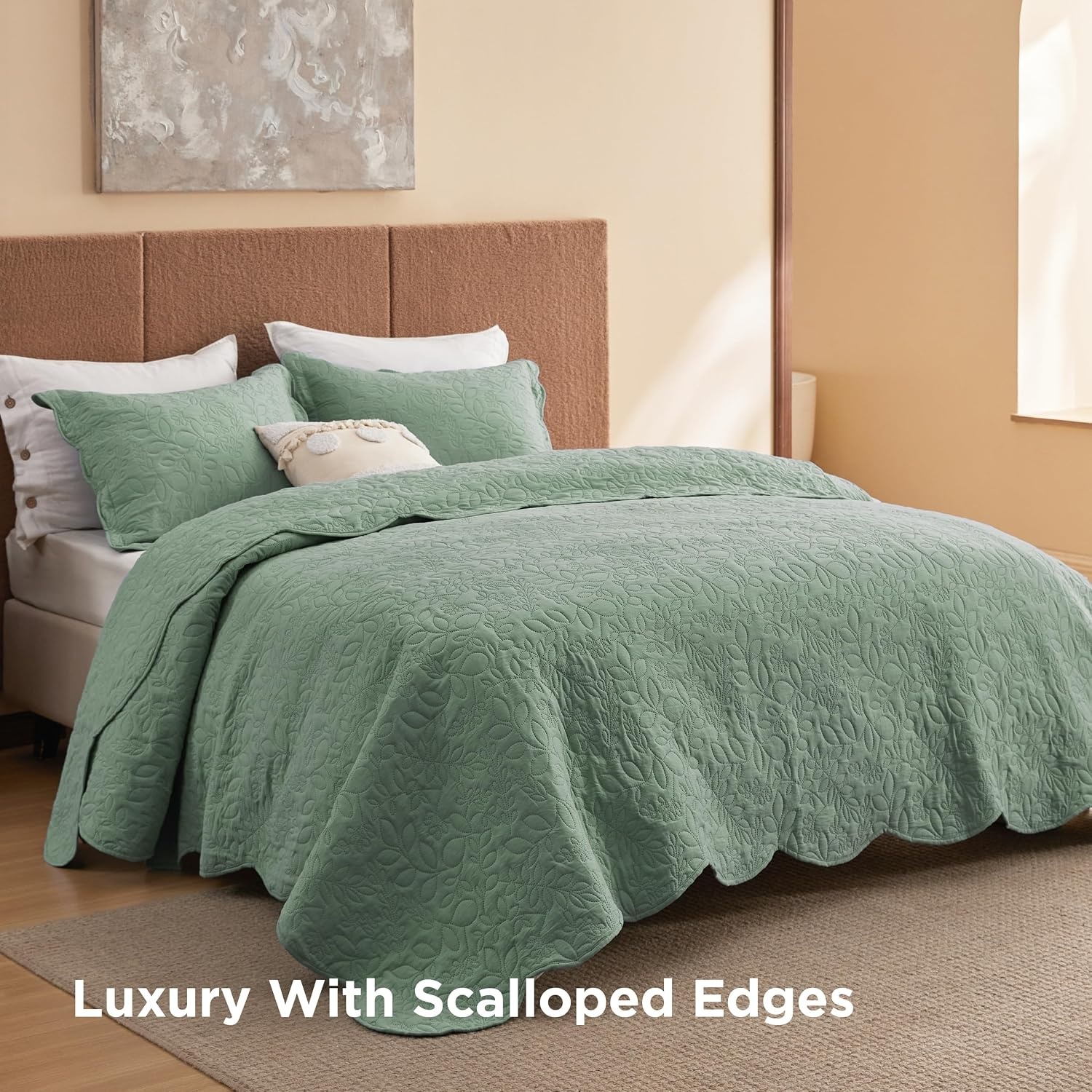 image:imageBedsure Quilts Queen Size Bedspread Thin Comforter Charcoal Coverlet AllSeason Bedding Soft Modern Clover Pattern StitchFree QuiltTech PetFriendly Machine Washable 90x96in 3 Pcs09 Sage Green Leaf