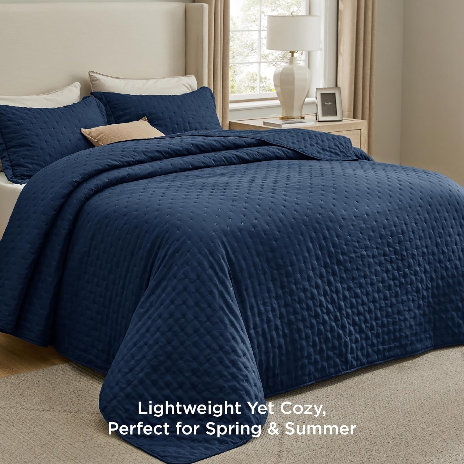 image:imageBedsure Quilts Queen Size Bedspread Thin Comforter Charcoal Coverlet AllSeason Bedding Soft Modern Clover Pattern StitchFree QuiltTech PetFriendly Machine Washable 90x96in 3 Pcs02 Navy Clover