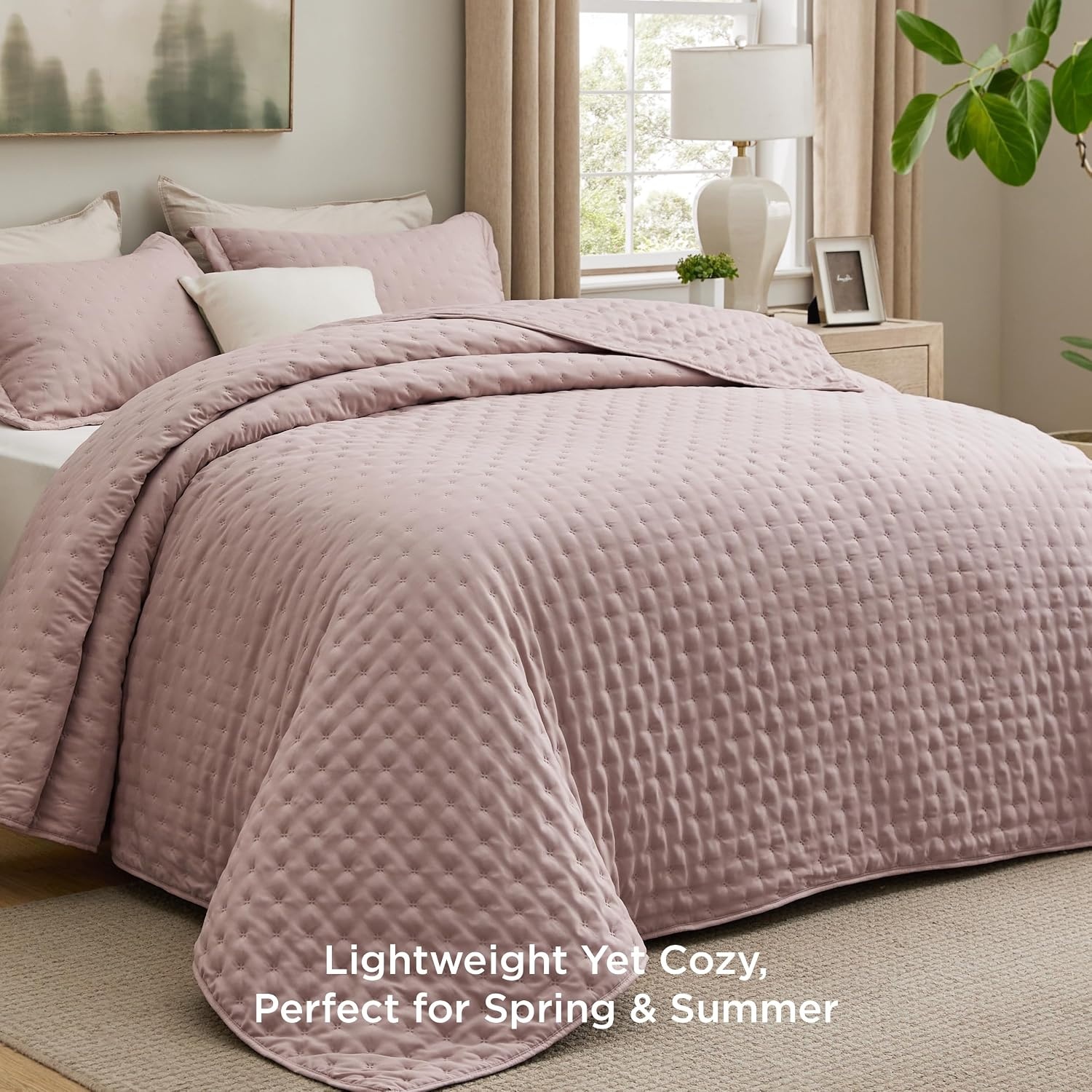 image:imageBedsure Quilts Queen Size Bedspread Thin Comforter Charcoal Coverlet AllSeason Bedding Soft Modern Clover Pattern StitchFree QuiltTech PetFriendly Machine Washable 90x96in 3 Pcs16 Dusty Rose Clover