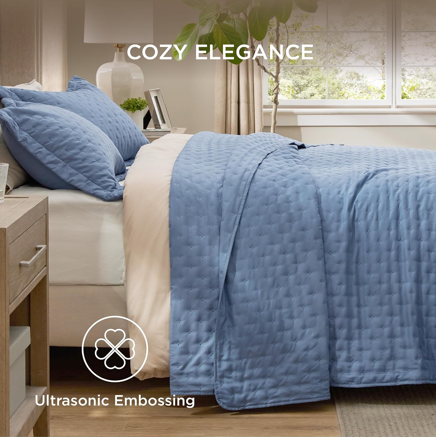 image:imageBedsure Quilts Queen Size Bedspread Thin Comforter Charcoal Coverlet AllSeason Bedding Soft Modern Clover Pattern StitchFree QuiltTech PetFriendly Machine Washable 90x96in 3 Pcs03 Mineral Blue Clover