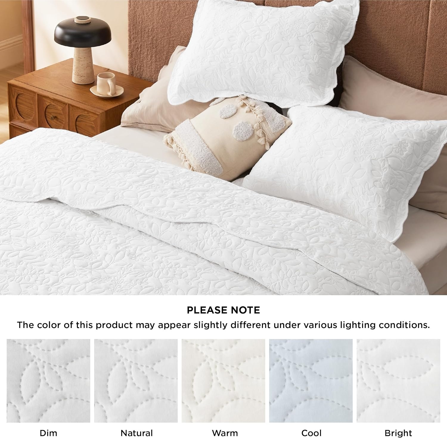 image:imageBedsure Quilts Queen Size Bedspread Thin Comforter Charcoal Coverlet AllSeason Bedding Soft Modern Clover Pattern StitchFree QuiltTech PetFriendly Machine Washable 90x96in 3 Pcs17 Bright White Leaf