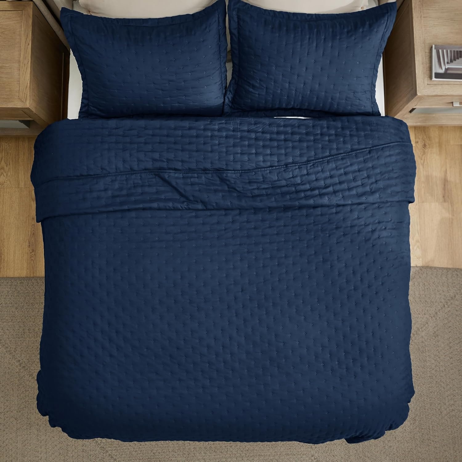 image:imageBedsure Quilts Queen Size Bedspread Thin Comforter Charcoal Coverlet AllSeason Bedding Soft Modern Clover Pattern StitchFree QuiltTech PetFriendly Machine Washable 90x96in 3 Pcs02 Navy Clover