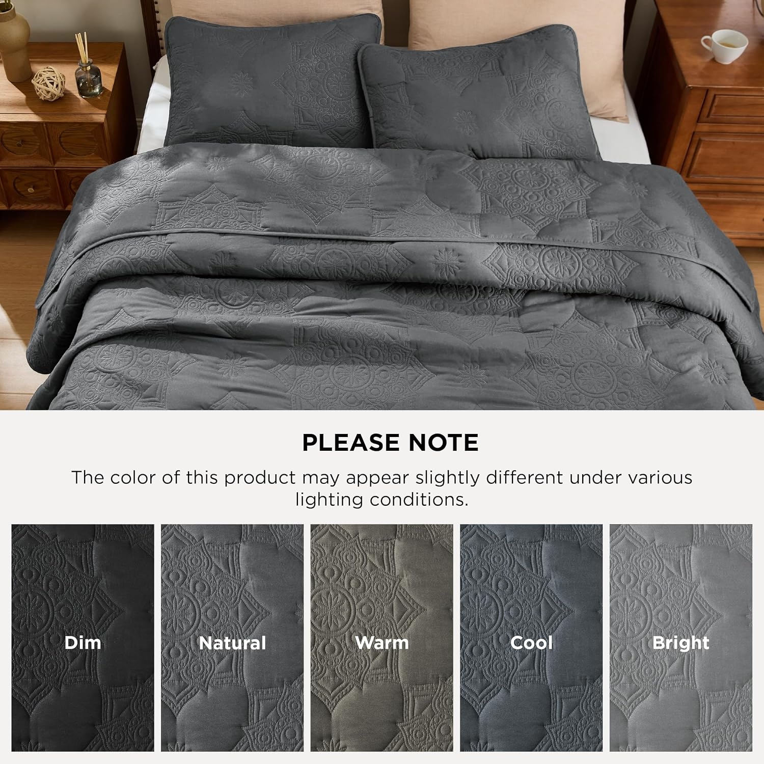 image:imageBedsure Quilts Queen Size Bedspread Thin Comforter Charcoal Coverlet AllSeason Bedding Soft Modern Clover Pattern StitchFree QuiltTech PetFriendly Machine Washable 90x96in 3 Pcs20 Drak Grey Floral