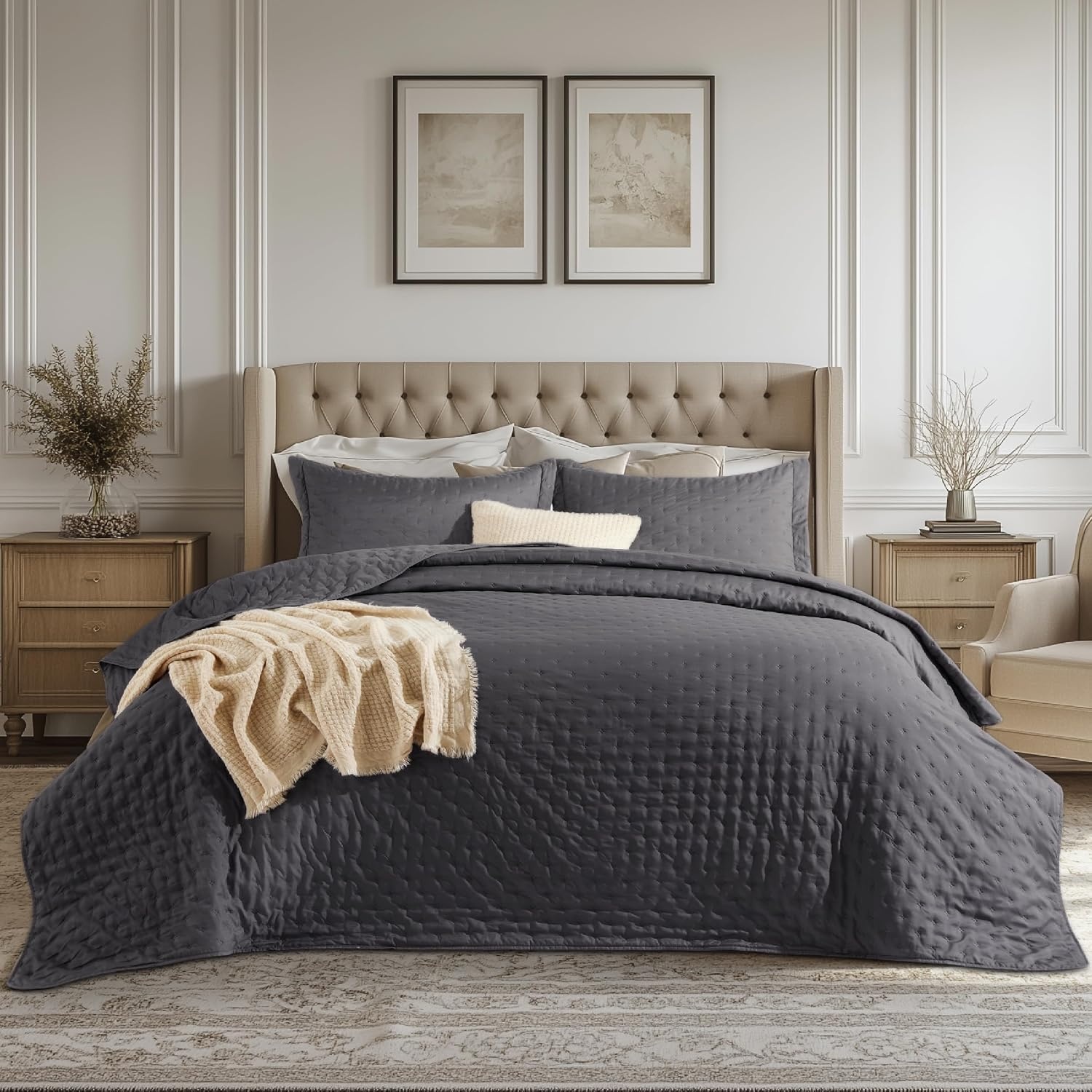 image:imageBedsure Quilts Queen Size Bedspread Thin Comforter Charcoal Coverlet AllSeason Bedding Soft Modern Clover Pattern StitchFree QuiltTech PetFriendly Machine Washable 90x96in 3 Pcs19 Charcoal Clover