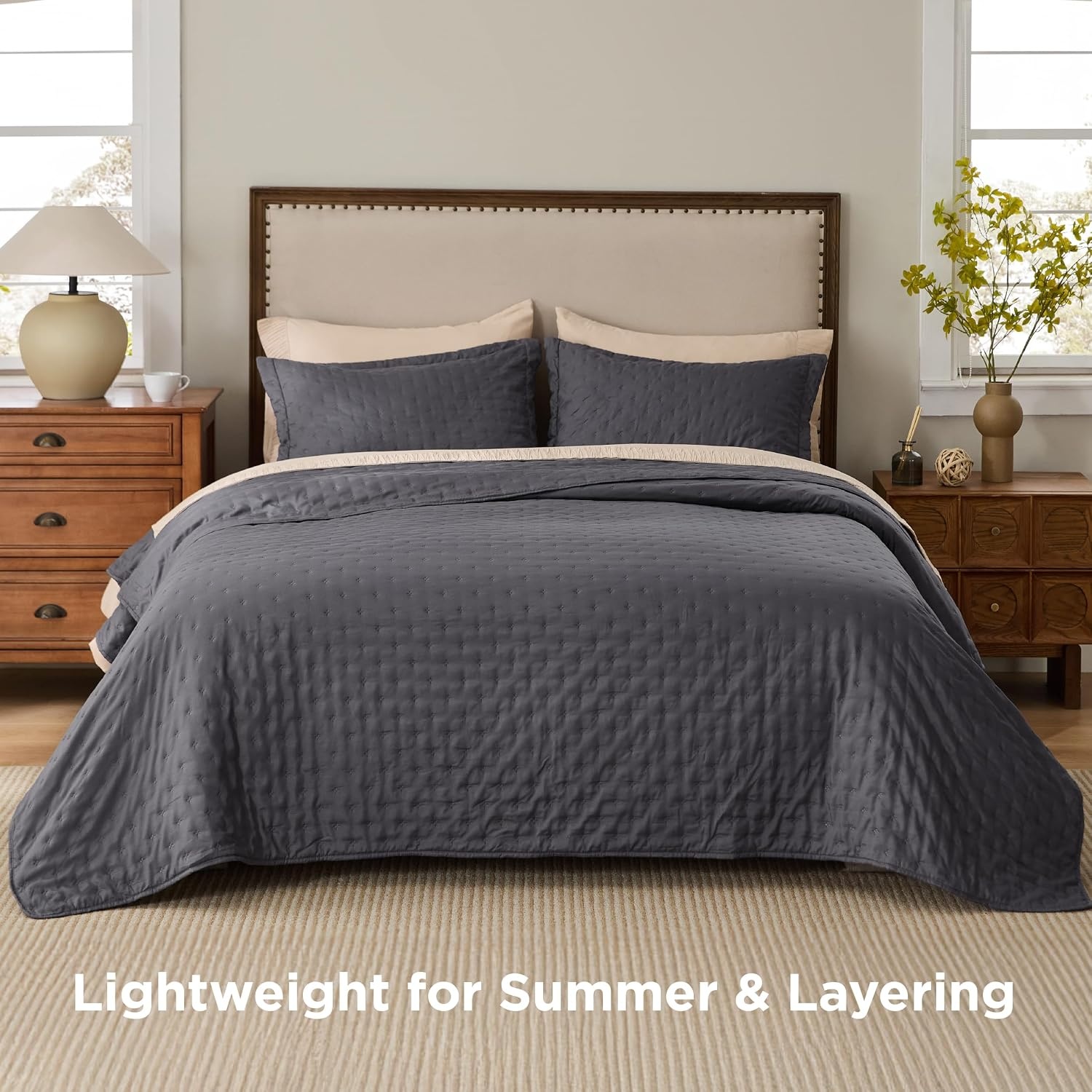 image:imageBedsure Quilts Queen Size Bedspread Thin Comforter Charcoal Coverlet AllSeason Bedding Soft Modern Clover Pattern StitchFree QuiltTech PetFriendly Machine Washable 90x96in 3 Pcs19 Charcoal Clover