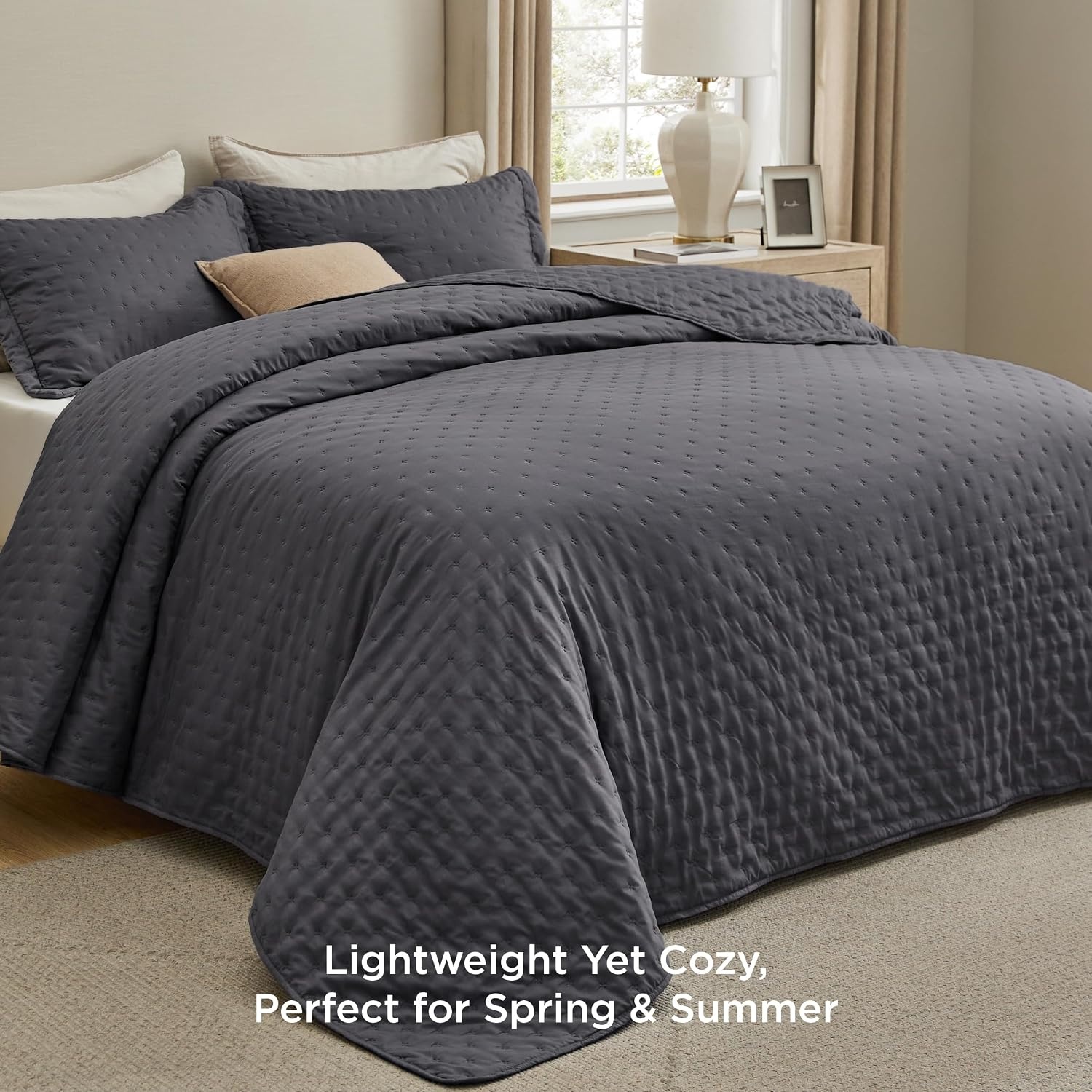 image:imageBedsure Quilts Queen Size Bedspread Thin Comforter Charcoal Coverlet AllSeason Bedding Soft Modern Clover Pattern StitchFree QuiltTech PetFriendly Machine Washable 90x96in 3 Pcs19 Charcoal Clover