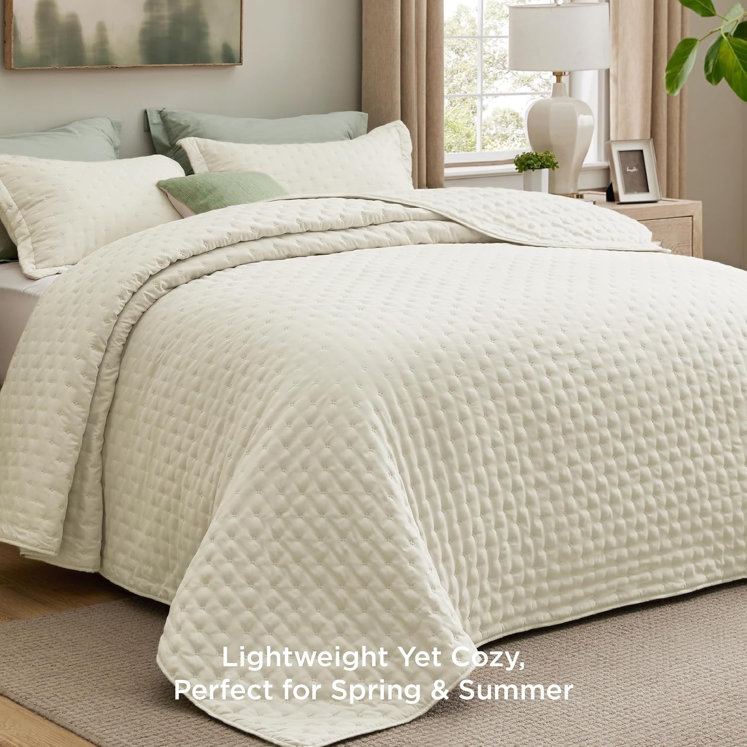 image:imageBedsure Quilts Queen Size Bedspread Thin Comforter Charcoal Coverlet AllSeason Bedding Soft Modern Clover Pattern StitchFree QuiltTech PetFriendly Machine Washable 90x96in 3 Pcs11 Cream Clover