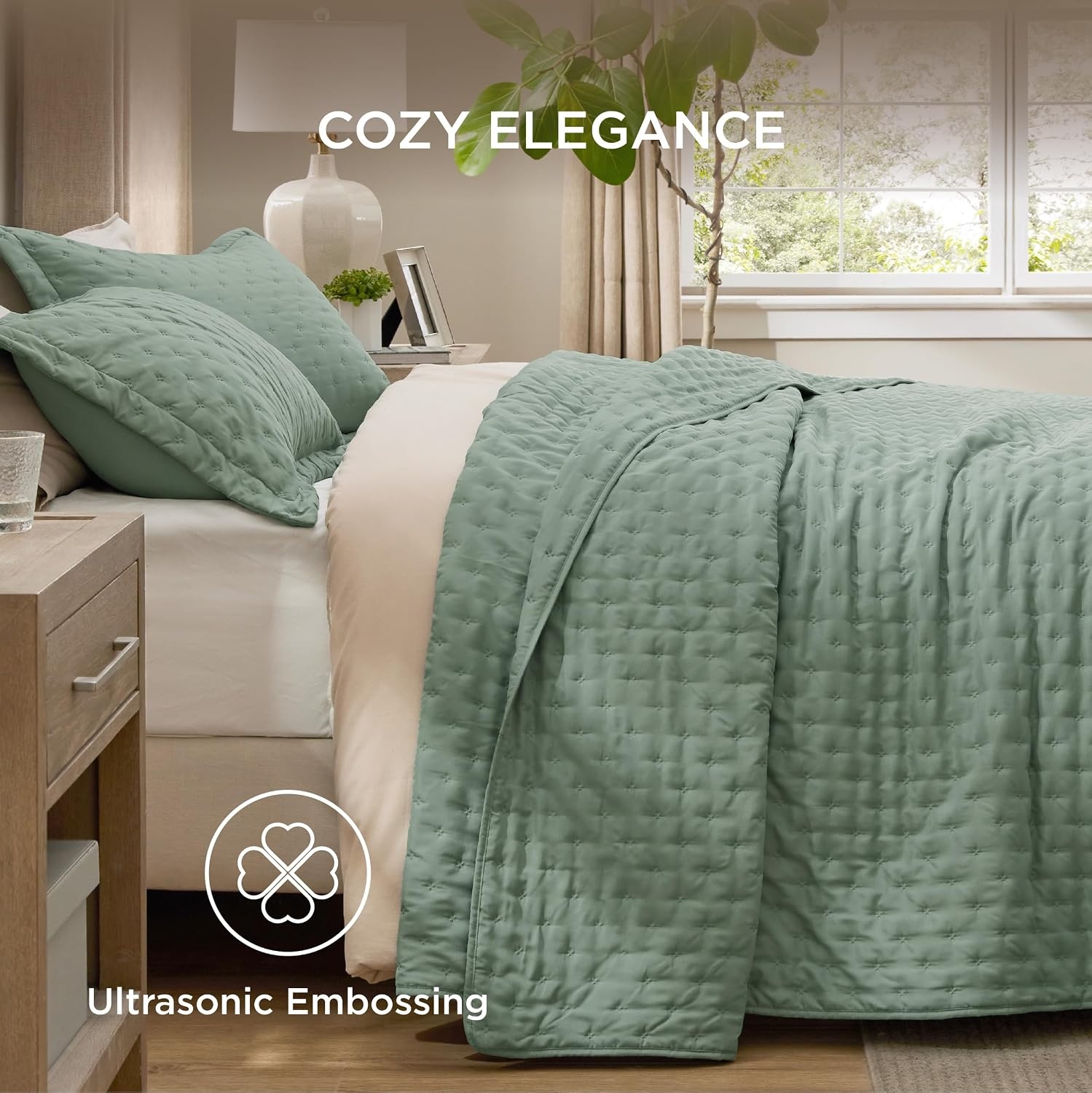 image:imageBedsure Quilts Queen Size Bedspread Thin Comforter Charcoal Coverlet AllSeason Bedding Soft Modern Clover Pattern StitchFree QuiltTech PetFriendly Machine Washable 90x96in 3 Pcs08 Sage Green Clover