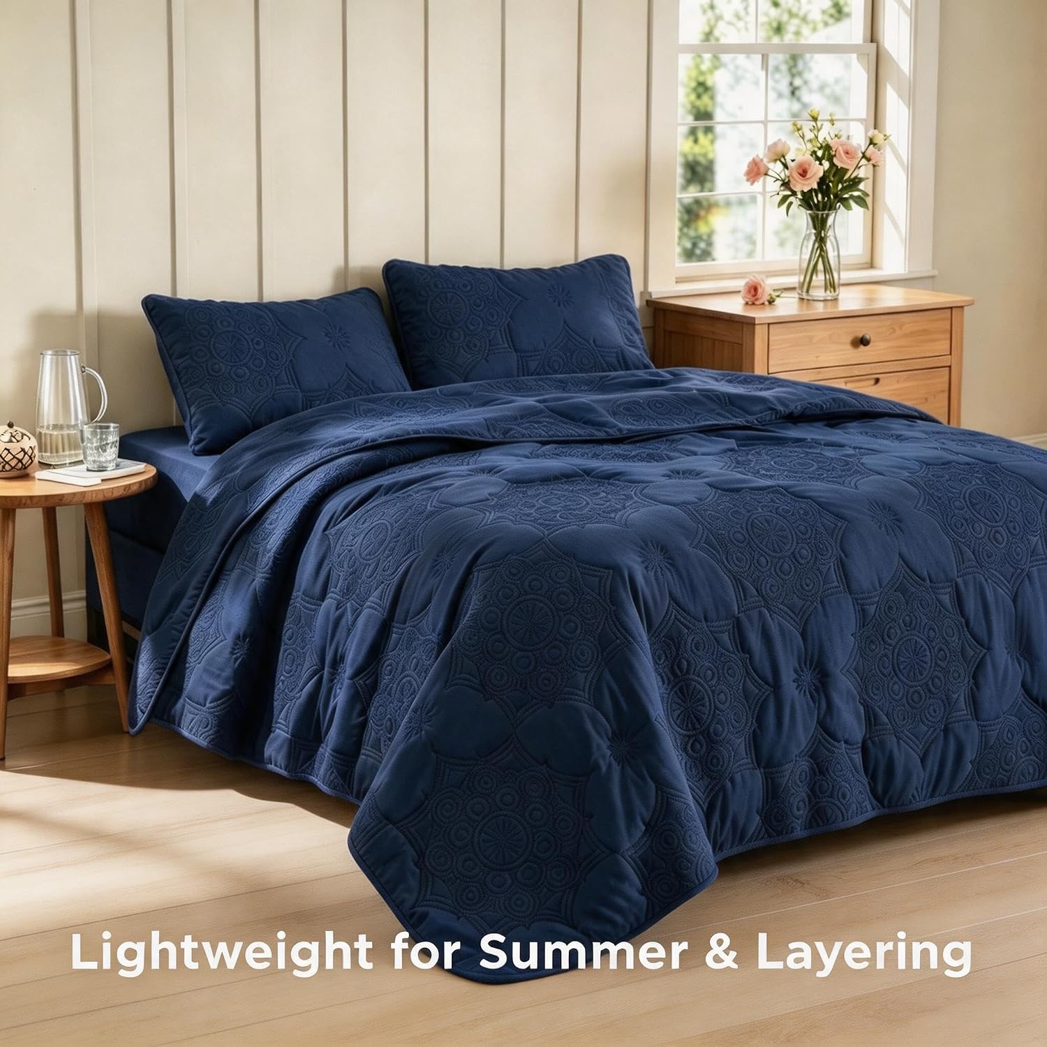 image:imageBedsure Quilts Queen Size Bedspread Thin Comforter Charcoal Coverlet AllSeason Bedding Soft Modern Clover Pattern StitchFree QuiltTech PetFriendly Machine Washable 90x96in 3 Pcs04 Navy Blue Floral