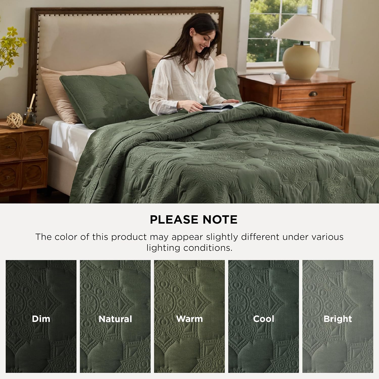 image:imageBedsure Quilts Queen Size Bedspread Thin Comforter Charcoal Coverlet AllSeason Bedding Soft Modern Clover Pattern StitchFree QuiltTech PetFriendly Machine Washable 90x96in 3 Pcs07 Olive Green Floral