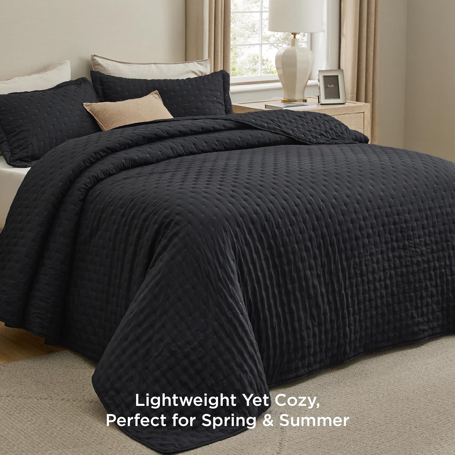 image:imageBedsure Quilts Queen Size Bedspread Thin Comforter Charcoal Coverlet AllSeason Bedding Soft Modern Clover Pattern StitchFree QuiltTech PetFriendly Machine Washable 90x96in 3 Pcs21 Black Clover