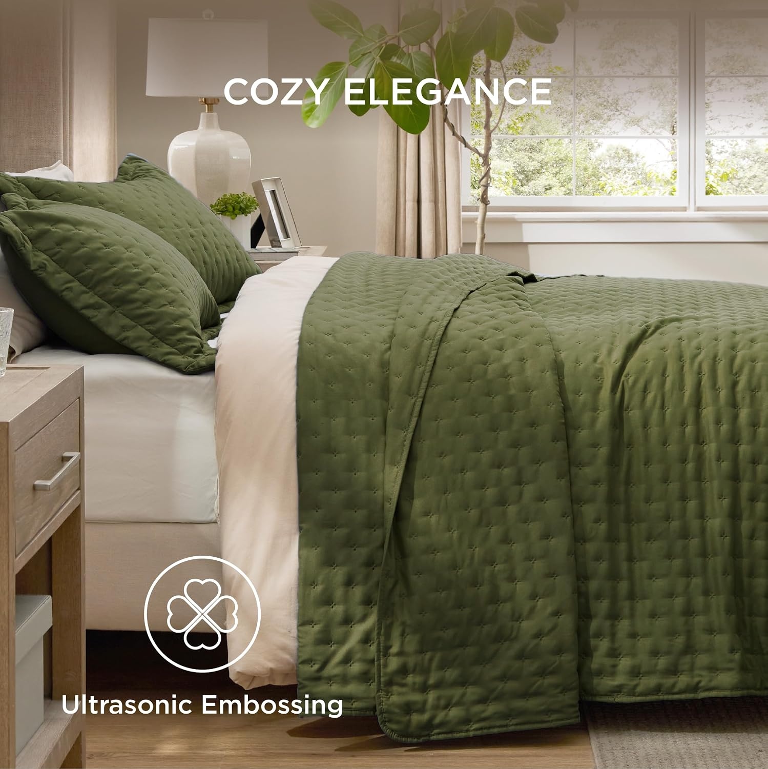 image:imageBedsure Quilts Queen Size Bedspread Thin Comforter Charcoal Coverlet AllSeason Bedding Soft Modern Clover Pattern StitchFree QuiltTech PetFriendly Machine Washable 90x96in 3 Pcs18 Olive Green Clover