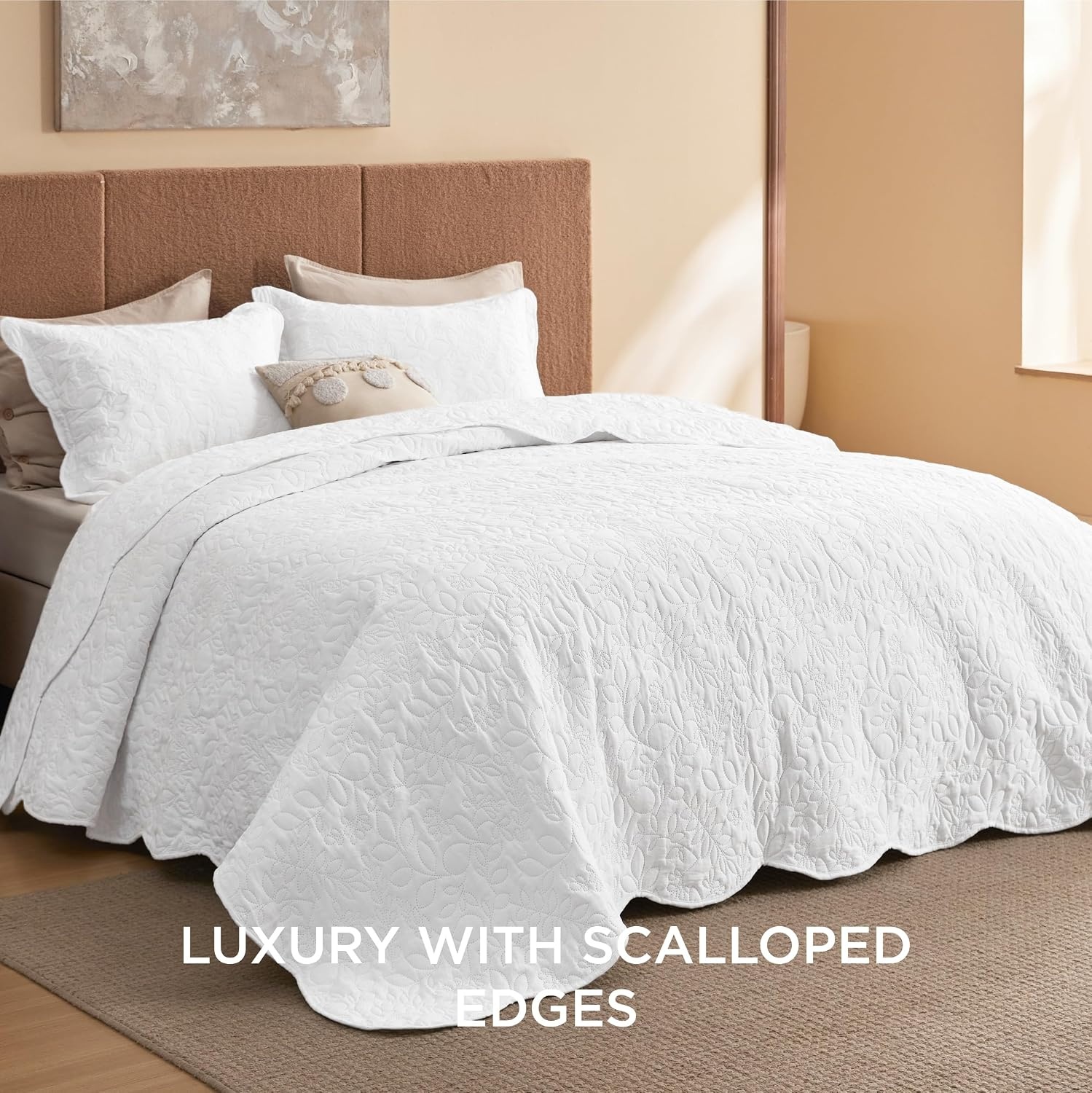 image:imageBedsure Quilts Queen Size Bedspread Thin Comforter Charcoal Coverlet AllSeason Bedding Soft Modern Clover Pattern StitchFree QuiltTech PetFriendly Machine Washable 90x96in 3 Pcs17 Bright White Leaf
