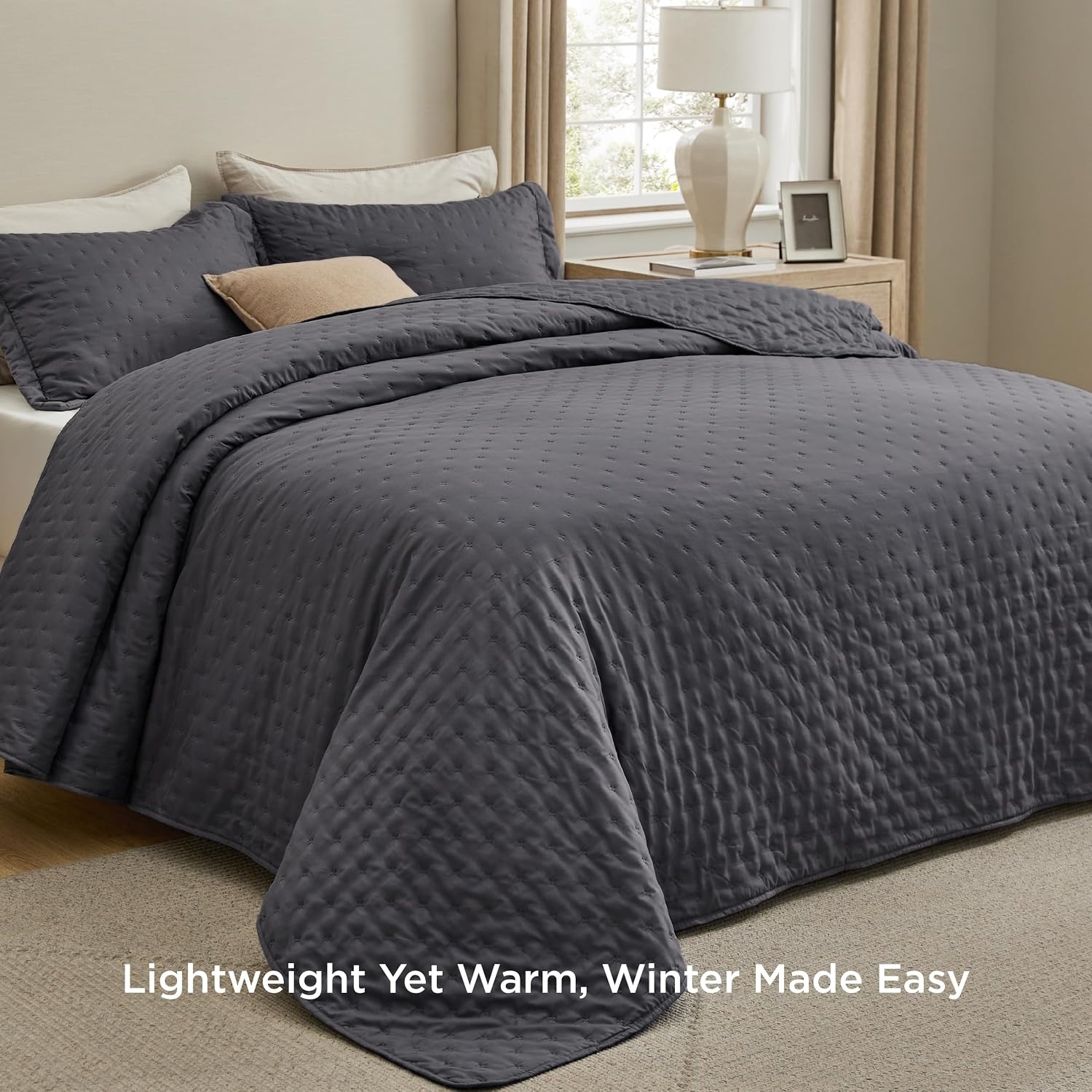 image:imageBedsure Quilts Queen Size Bedspread Thin Comforter Charcoal Coverlet AllSeason Bedding Soft Modern Clover Pattern StitchFree QuiltTech PetFriendly Machine Washable 90x96in 3 Pcs19 Charcoal Clover