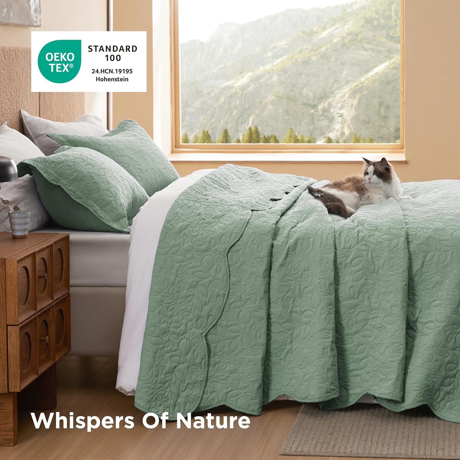 image:imageBedsure Quilts Queen Size Bedspread Thin Comforter Charcoal Coverlet AllSeason Bedding Soft Modern Clover Pattern StitchFree QuiltTech PetFriendly Machine Washable 90x96in 3 Pcs09 Sage Green Leaf