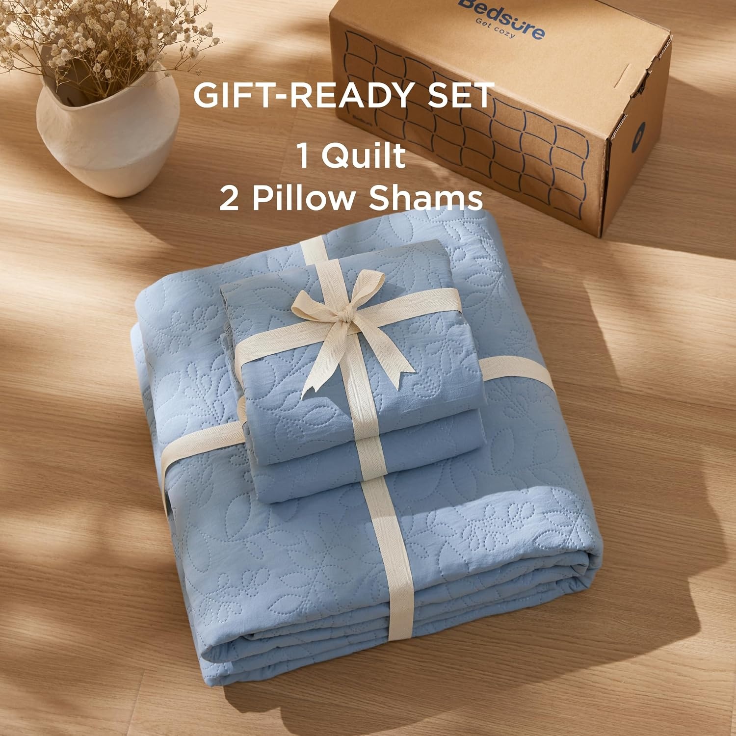 image:imageBedsure Quilts Queen Size Bedspread Thin Comforter Charcoal Coverlet AllSeason Bedding Soft Modern Clover Pattern StitchFree QuiltTech PetFriendly Machine Washable 90x96in 3 Pcs05 Mineral Blue Leaf