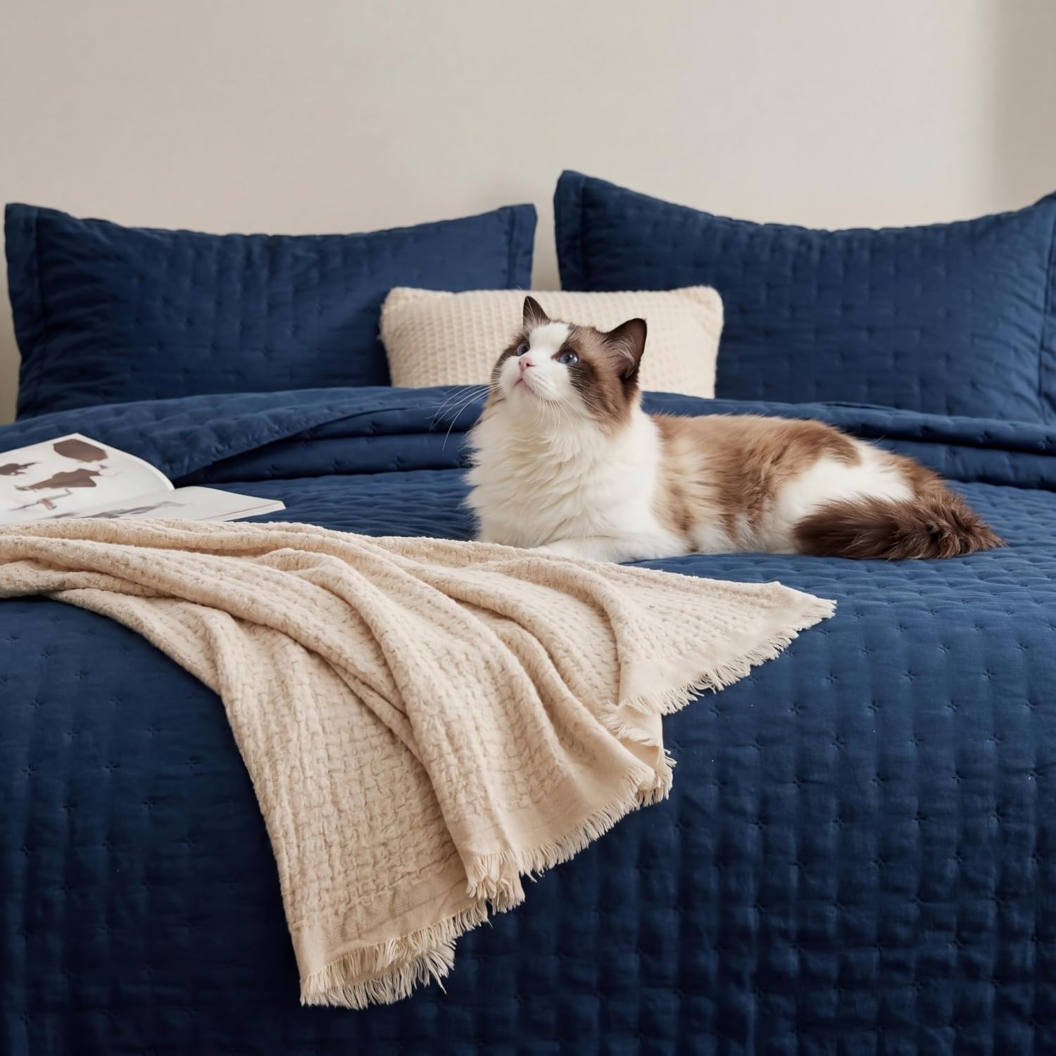 image:imageBedsure Quilts Queen Size Bedspread Thin Comforter Charcoal Coverlet AllSeason Bedding Soft Modern Clover Pattern StitchFree QuiltTech PetFriendly Machine Washable 90x96in 3 Pcs02 Navy Clover