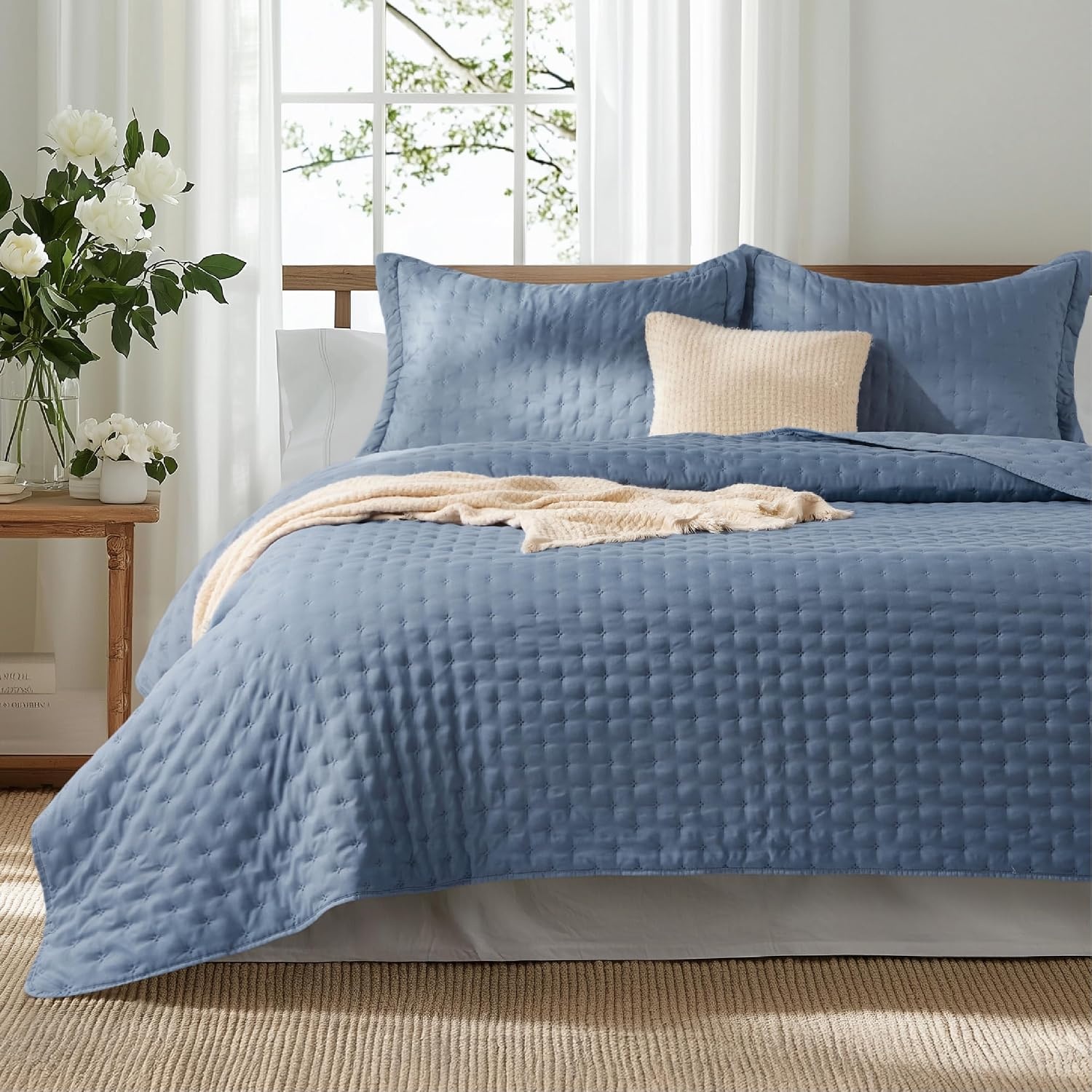 image:imageBedsure Quilts Queen Size Bedspread Thin Comforter Charcoal Coverlet AllSeason Bedding Soft Modern Clover Pattern StitchFree QuiltTech PetFriendly Machine Washable 90x96in 3 Pcs03 Mineral Blue Clover
