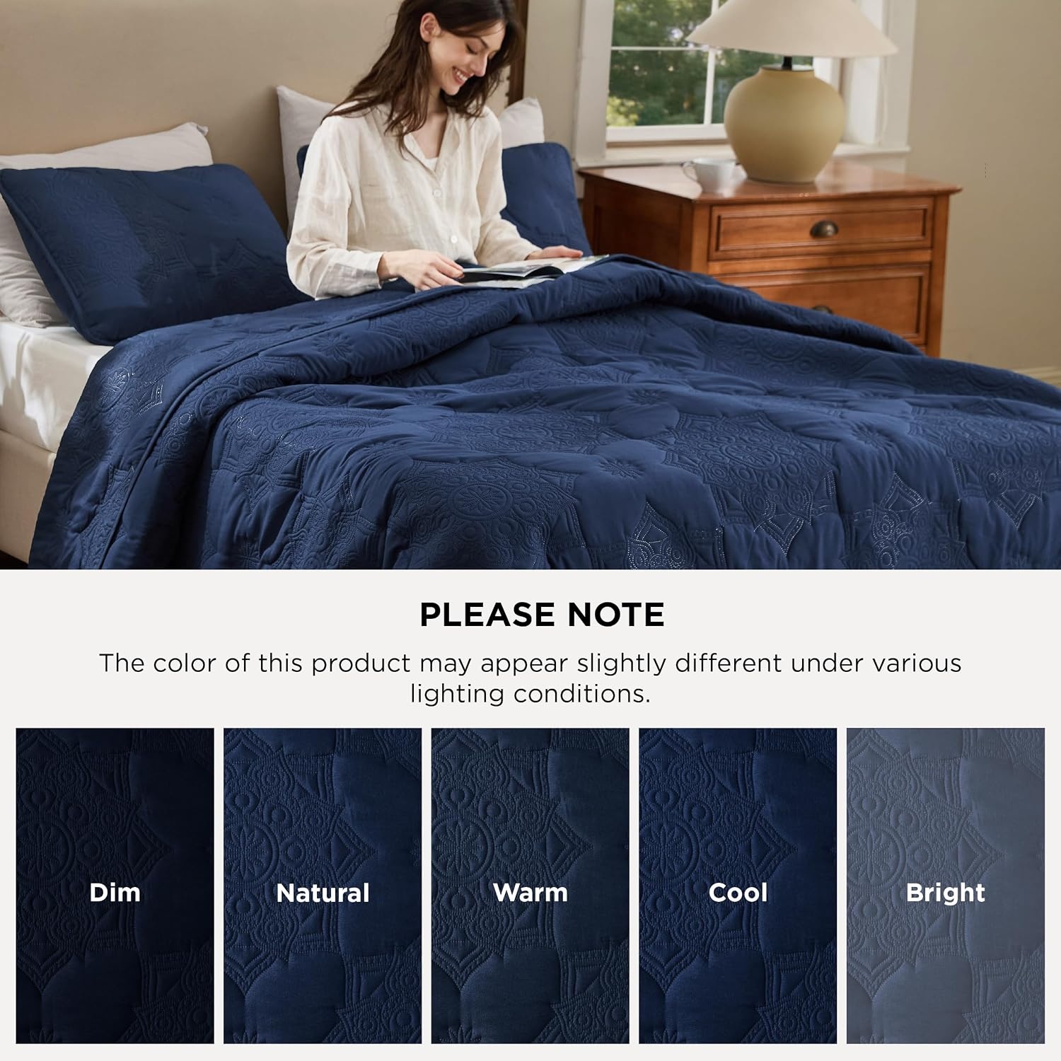 image:imageBedsure Quilts Queen Size Bedspread Thin Comforter Charcoal Coverlet AllSeason Bedding Soft Modern Clover Pattern StitchFree QuiltTech PetFriendly Machine Washable 90x96in 3 Pcs04 Navy Blue Floral