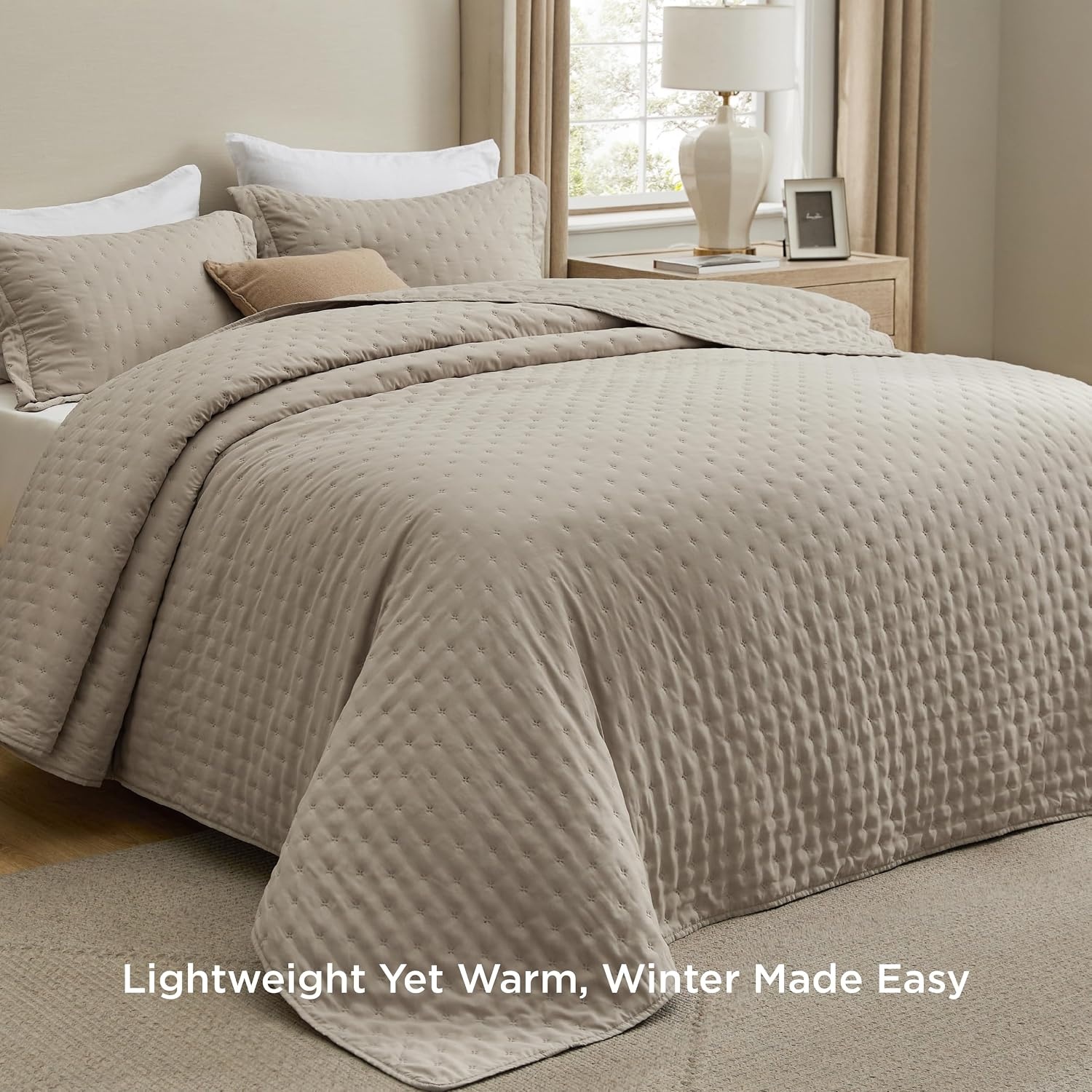 image:imageBedsure Quilts Queen Size Bedspread Thin Comforter Charcoal Coverlet AllSeason Bedding Soft Modern Clover Pattern StitchFree QuiltTech PetFriendly Machine Washable 90x96in 3 Pcs10 Taupe Clover
