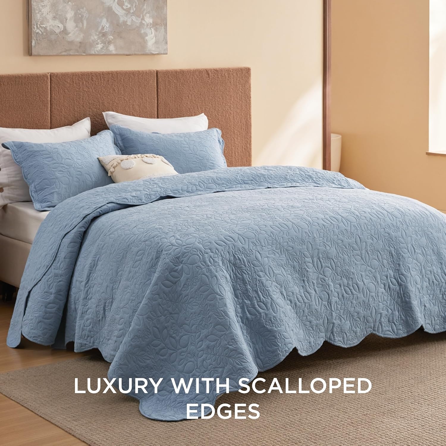 image:imageBedsure Quilts Queen Size Bedspread Thin Comforter Charcoal Coverlet AllSeason Bedding Soft Modern Clover Pattern StitchFree QuiltTech PetFriendly Machine Washable 90x96in 3 Pcs05 Mineral Blue Leaf