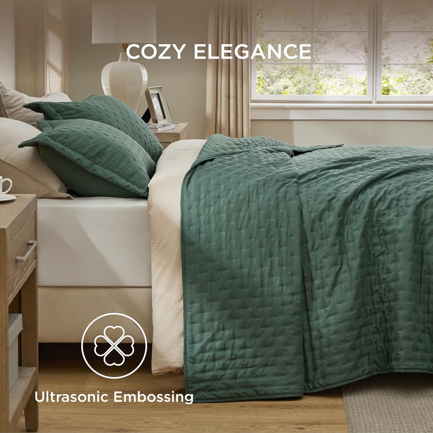 image:imageBedsure Quilts Queen Size Bedspread Thin Comforter Charcoal Coverlet AllSeason Bedding Soft Modern Clover Pattern StitchFree QuiltTech PetFriendly Machine Washable 90x96in 3 Pcs06 Dark Green Clover