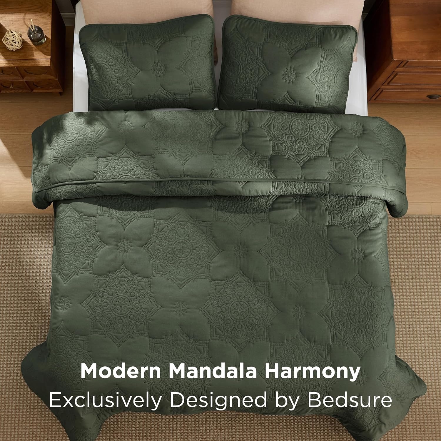 image:imageBedsure Quilts Queen Size Bedspread Thin Comforter Charcoal Coverlet AllSeason Bedding Soft Modern Clover Pattern StitchFree QuiltTech PetFriendly Machine Washable 90x96in 3 Pcs07 Olive Green Floral