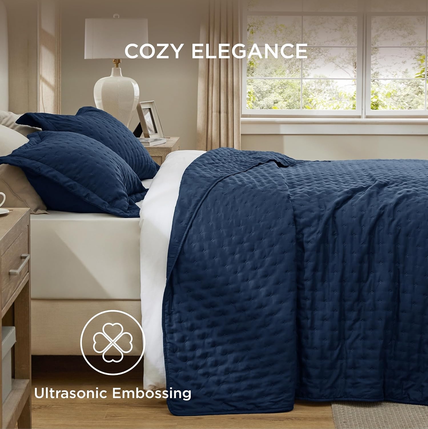 image:imageBedsure Quilts Queen Size Bedspread Thin Comforter Charcoal Coverlet AllSeason Bedding Soft Modern Clover Pattern StitchFree QuiltTech PetFriendly Machine Washable 90x96in 3 Pcs02 Navy Clover