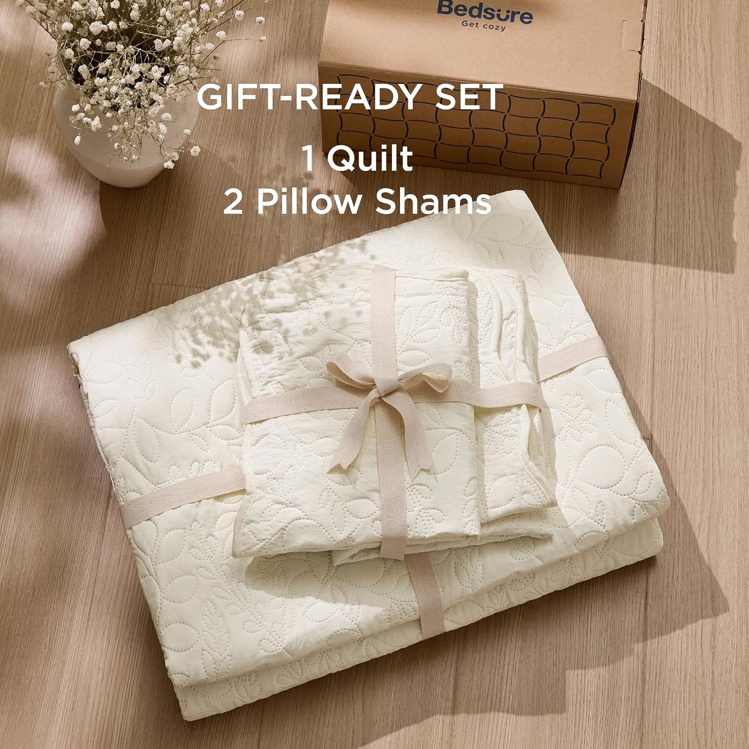 image:imageBedsure Quilts Queen Size Bedspread Thin Comforter Charcoal Coverlet AllSeason Bedding Soft Modern Clover Pattern StitchFree QuiltTech PetFriendly Machine Washable 90x96in 3 Pcs14 Cream Yellow Leaf