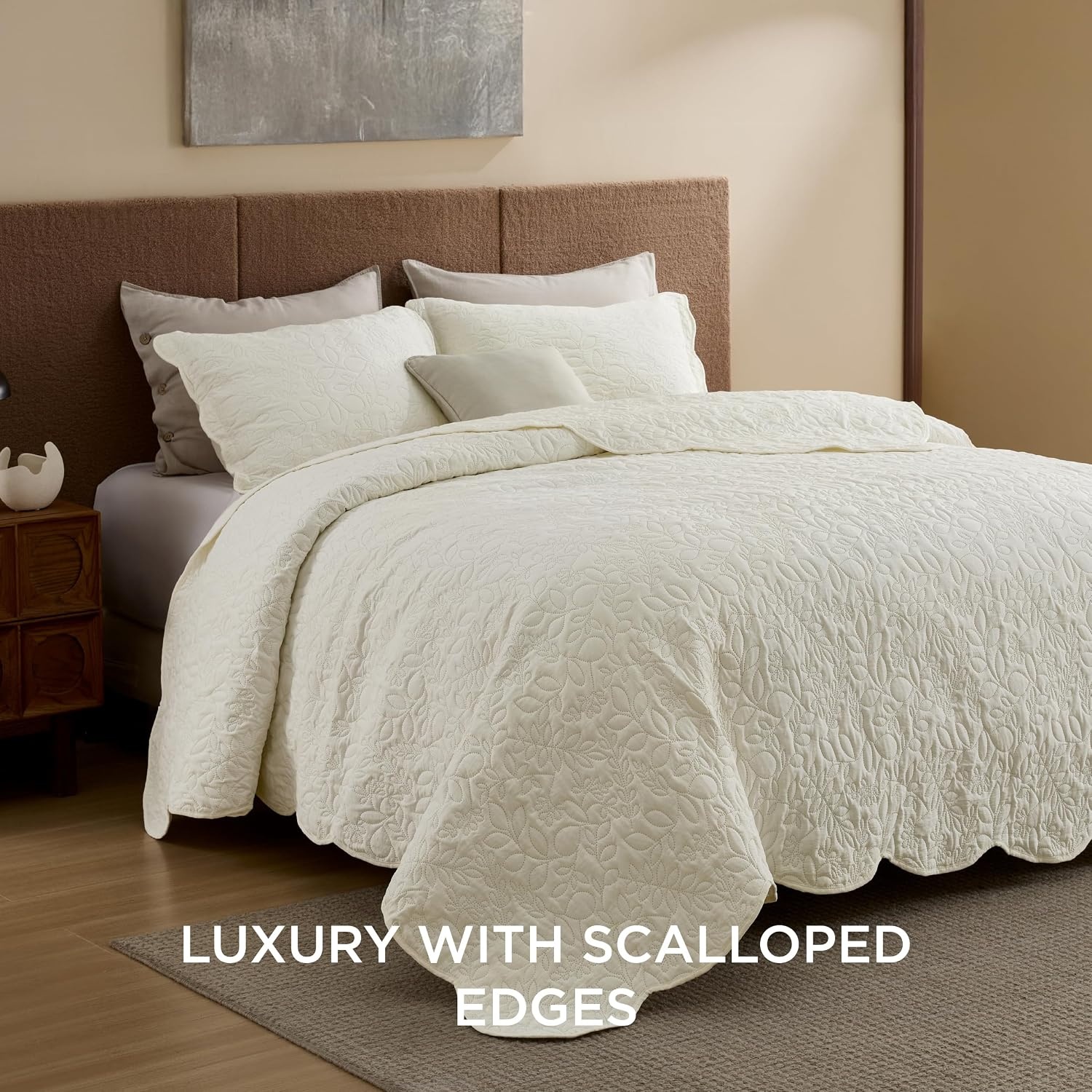 image:imageBedsure Quilts Queen Size Bedspread Thin Comforter Charcoal Coverlet AllSeason Bedding Soft Modern Clover Pattern StitchFree QuiltTech PetFriendly Machine Washable 90x96in 3 Pcs14 Cream Yellow Leaf
