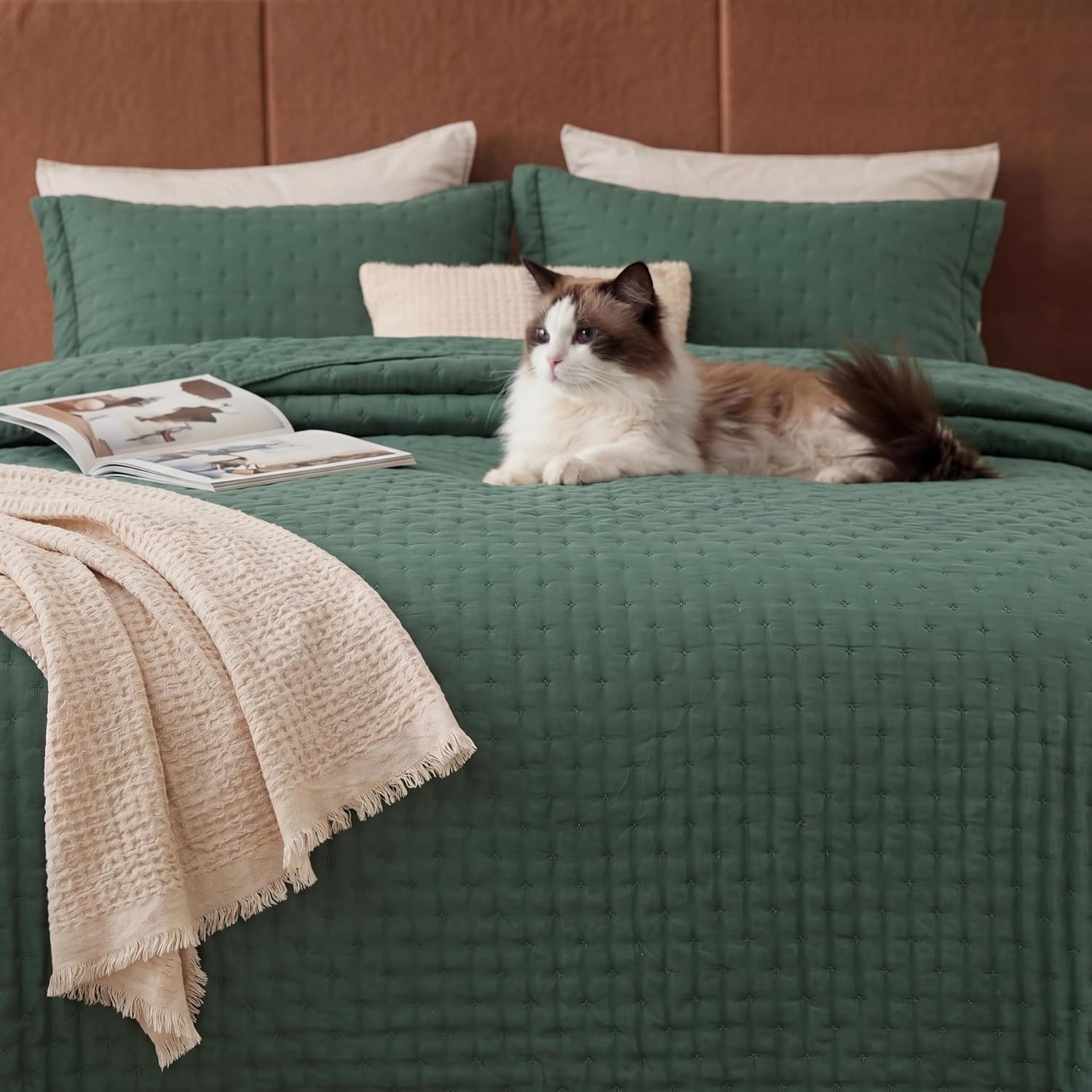 image:imageBedsure Quilts Queen Size Bedspread Thin Comforter Charcoal Coverlet AllSeason Bedding Soft Modern Clover Pattern StitchFree QuiltTech PetFriendly Machine Washable 90x96in 3 Pcs06 Dark Green Clover