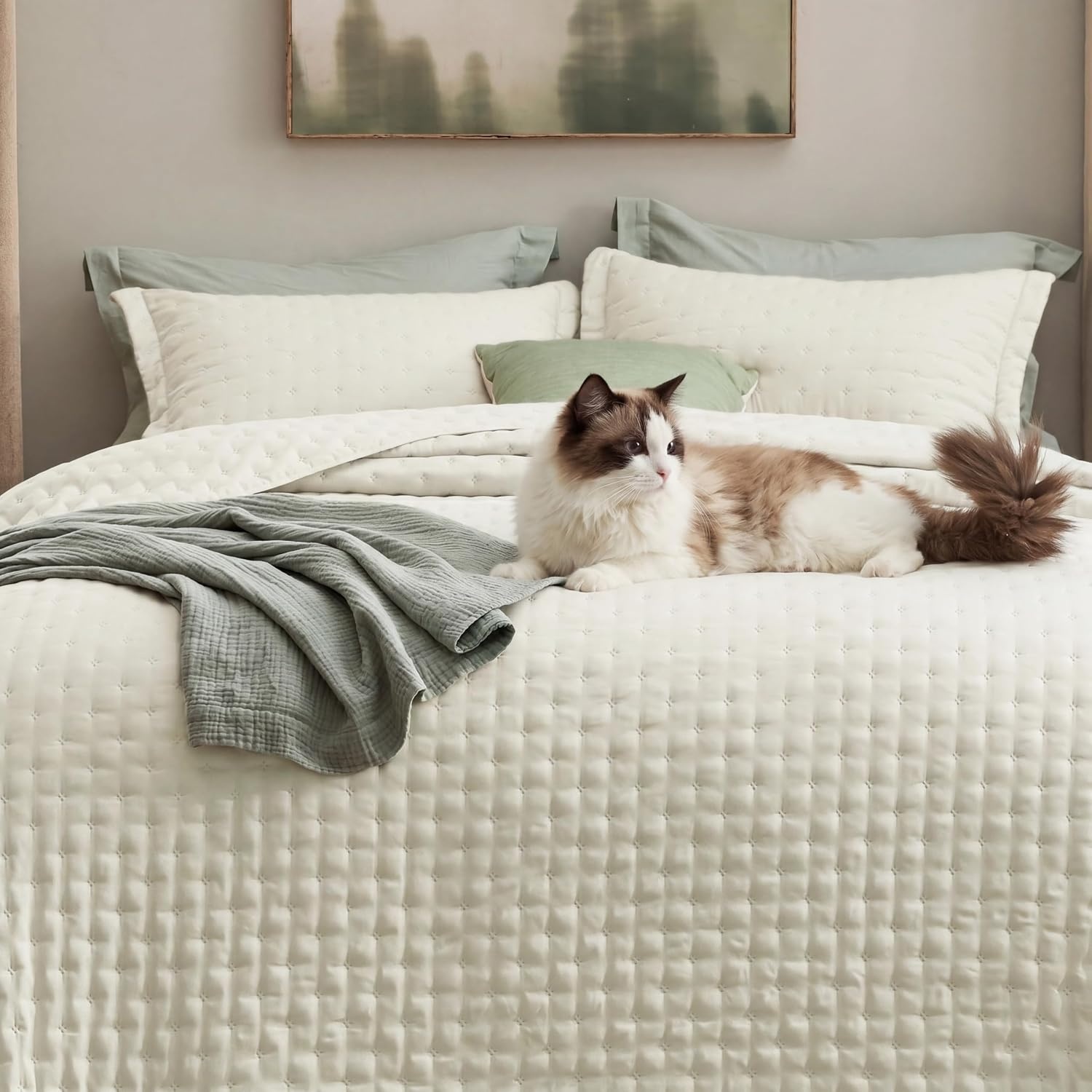 image:imageBedsure Quilts Queen Size Bedspread Thin Comforter Charcoal Coverlet AllSeason Bedding Soft Modern Clover Pattern StitchFree QuiltTech PetFriendly Machine Washable 90x96in 3 Pcs11 Cream Clover