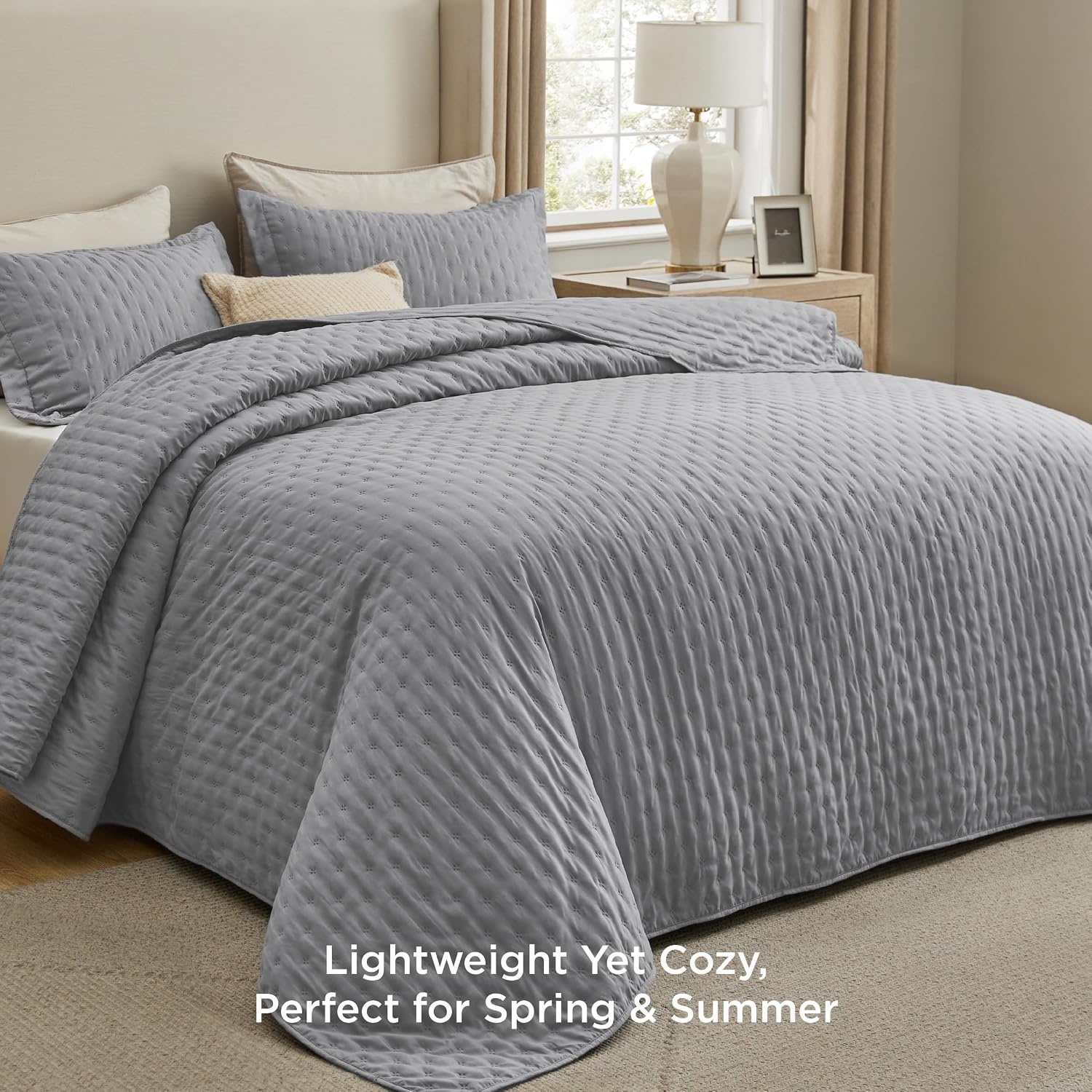 image:imageBedsure Quilts Queen Size Bedspread Thin Comforter Charcoal Coverlet AllSeason Bedding Soft Modern Clover Pattern StitchFree QuiltTech PetFriendly Machine Washable 90x96in 3 Pcs18 Grey Clover